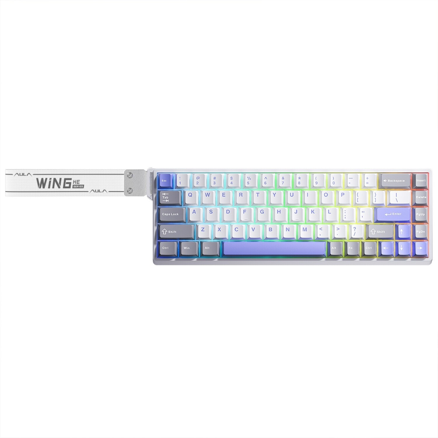 RGB aydınlatmalı ve solunda beyaz taşıma kayışı olan kompakt beyaz mekanik klavye.