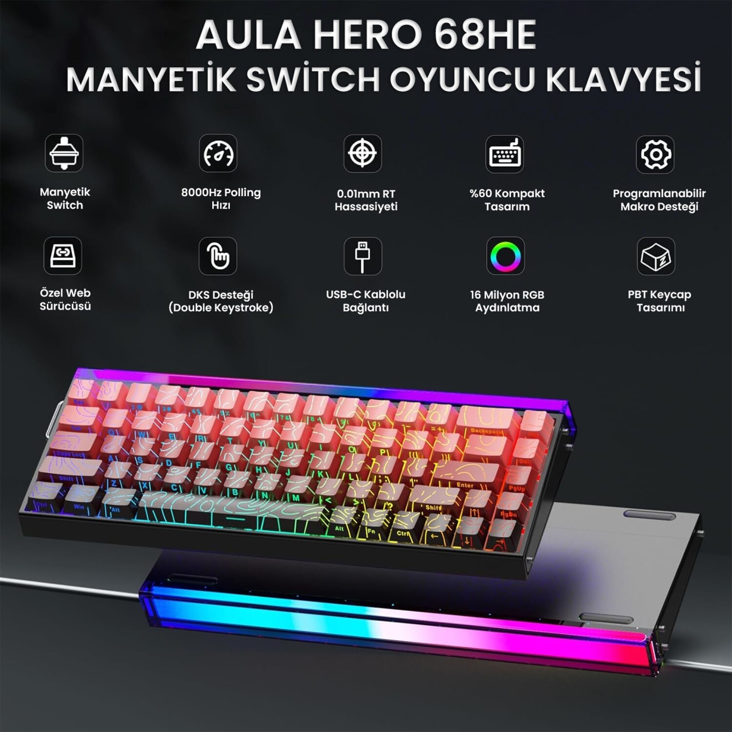 RGB aydınlatmalı Aula Hero 68HE manyetik switch oyuncu klavyesi.