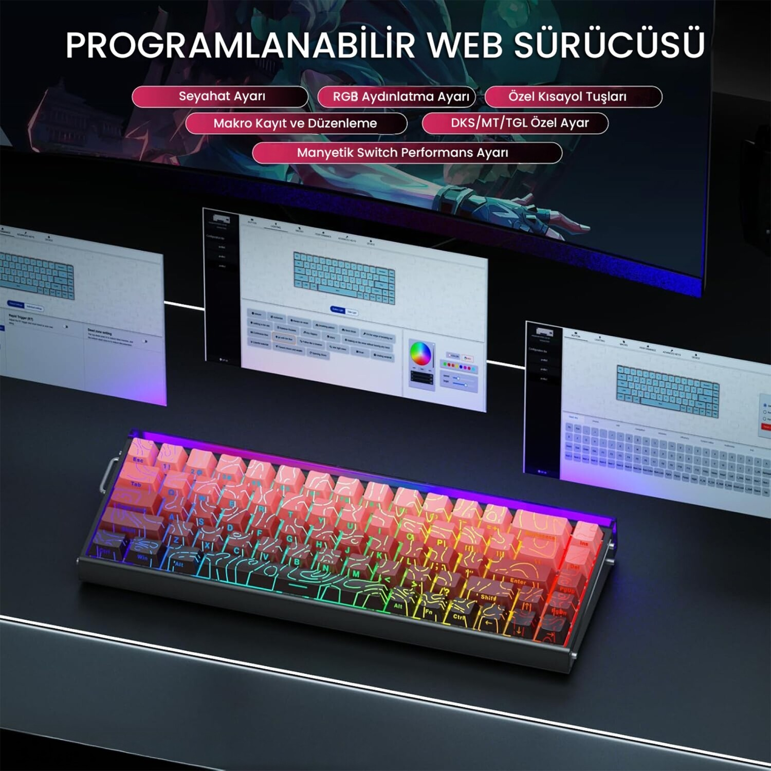 Arka planda yazılım pencereleri ve RGB aydınlatması olan programlanabilir mekanik klavye.