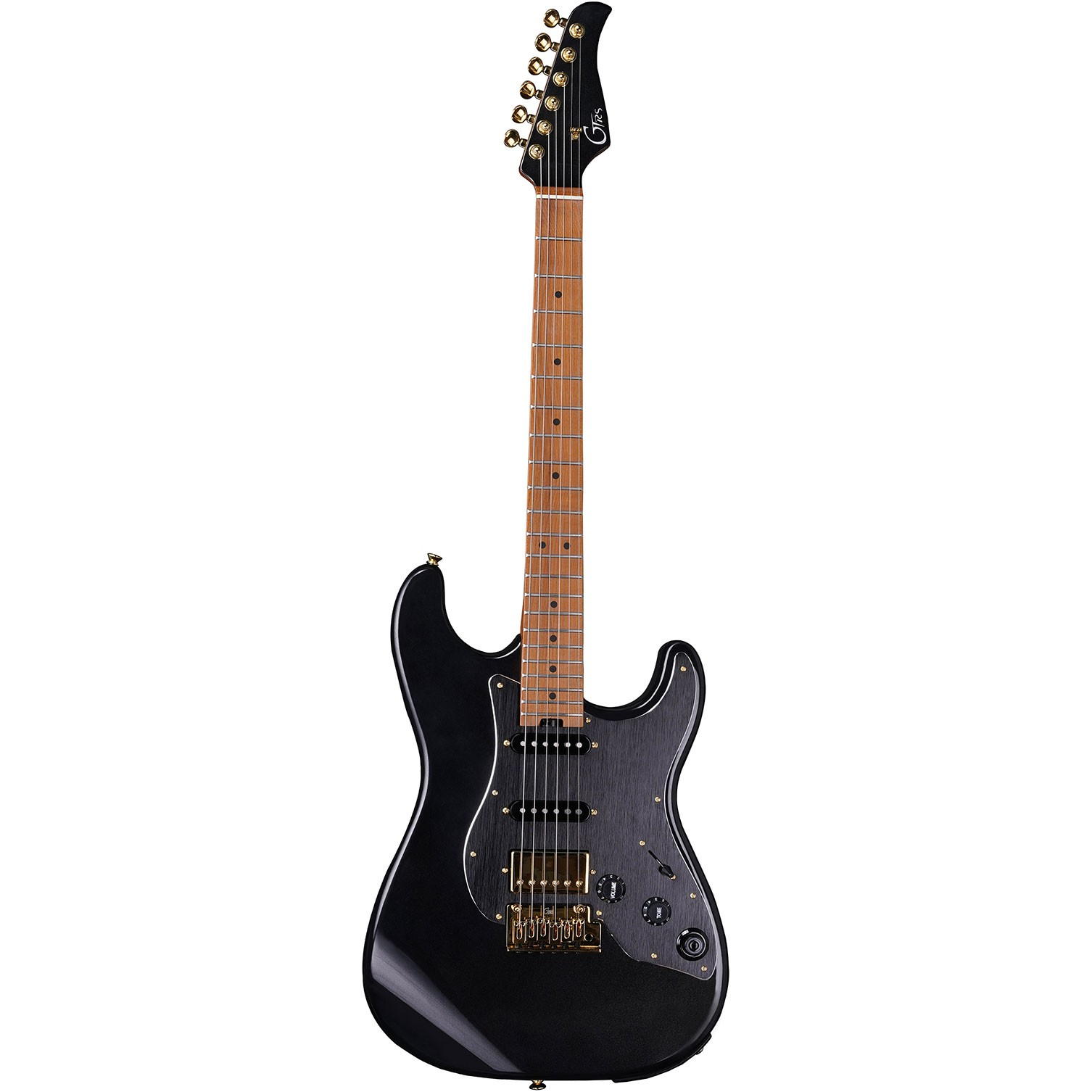 Beyaz arka planda ahşap klavyeli ve altın donanımlı siyah elektro gitar.