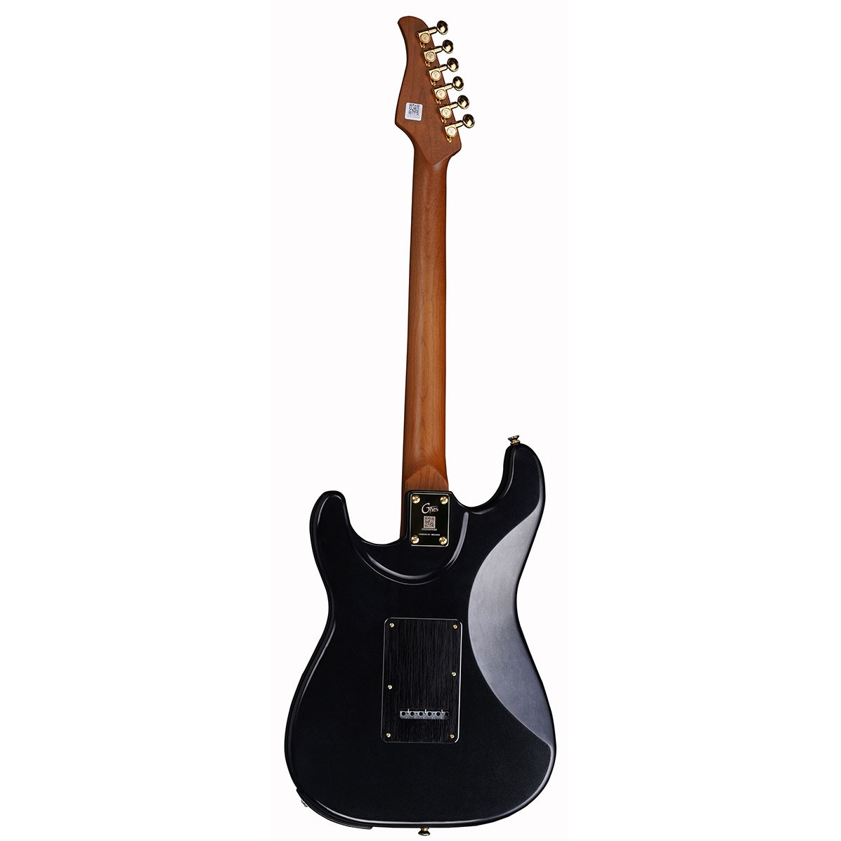 Beyaz arka planda kahverengi ahşap saplı ve altın renkli akort burgulu siyah bir elektro gitarın arka görünümü.