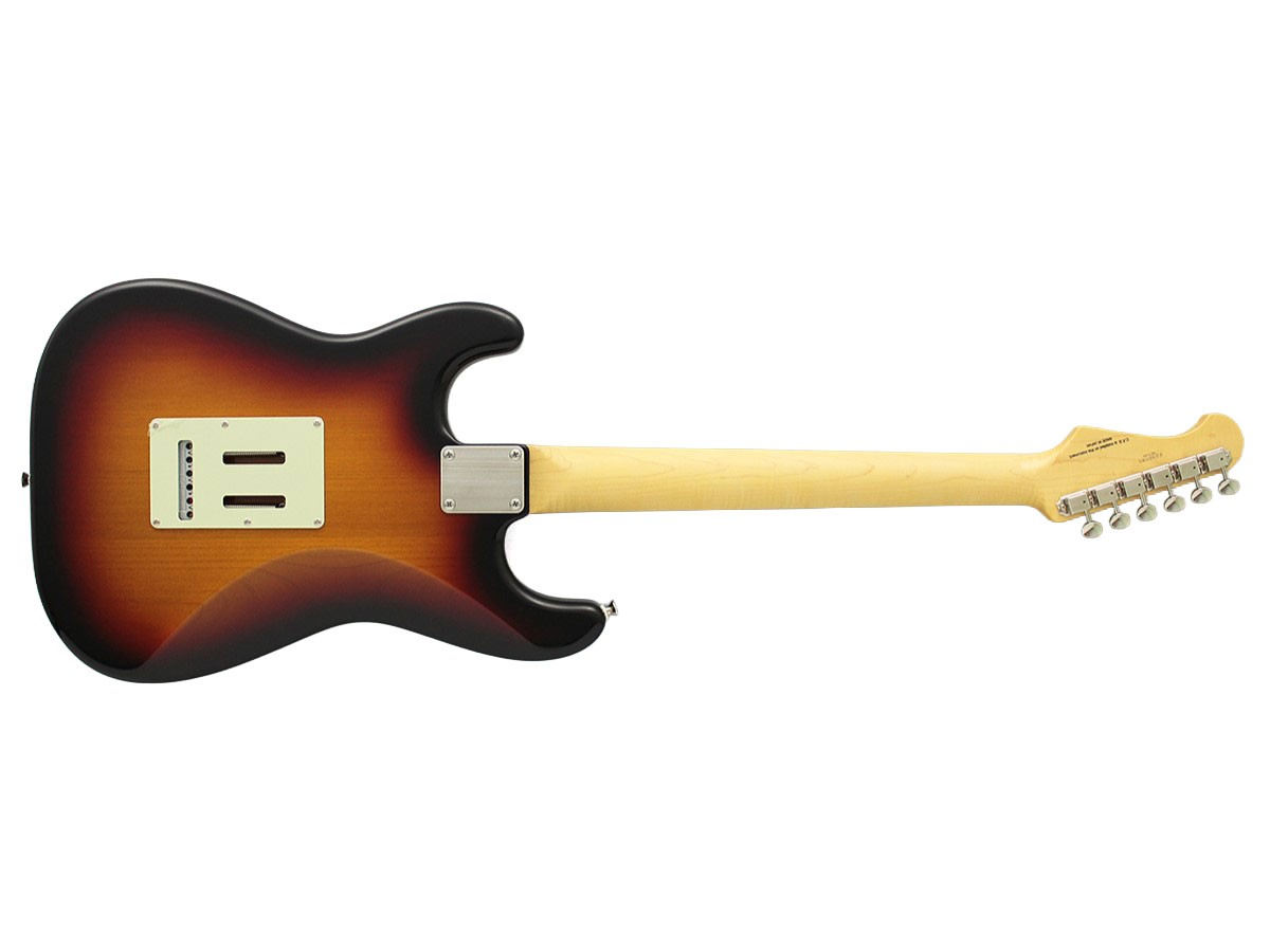 Beyaz arka planda kahverengi ve siyah sunburst gövdeli ve açık ahşap saplı bir elektro gitarın arka görünümü.