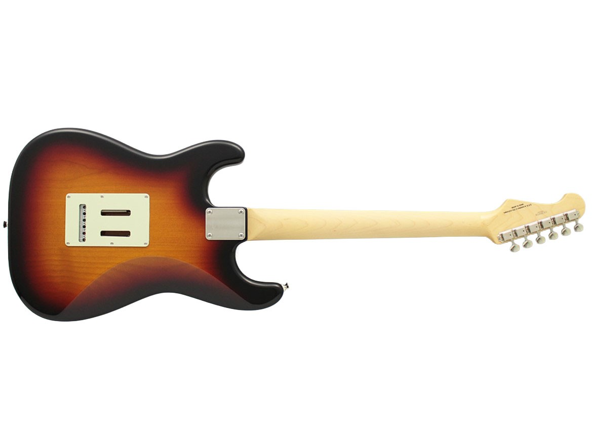 Beyaz arka plan üzerinde açık ahşap saplı sunburst renkli bir elektro gitarın arkası.