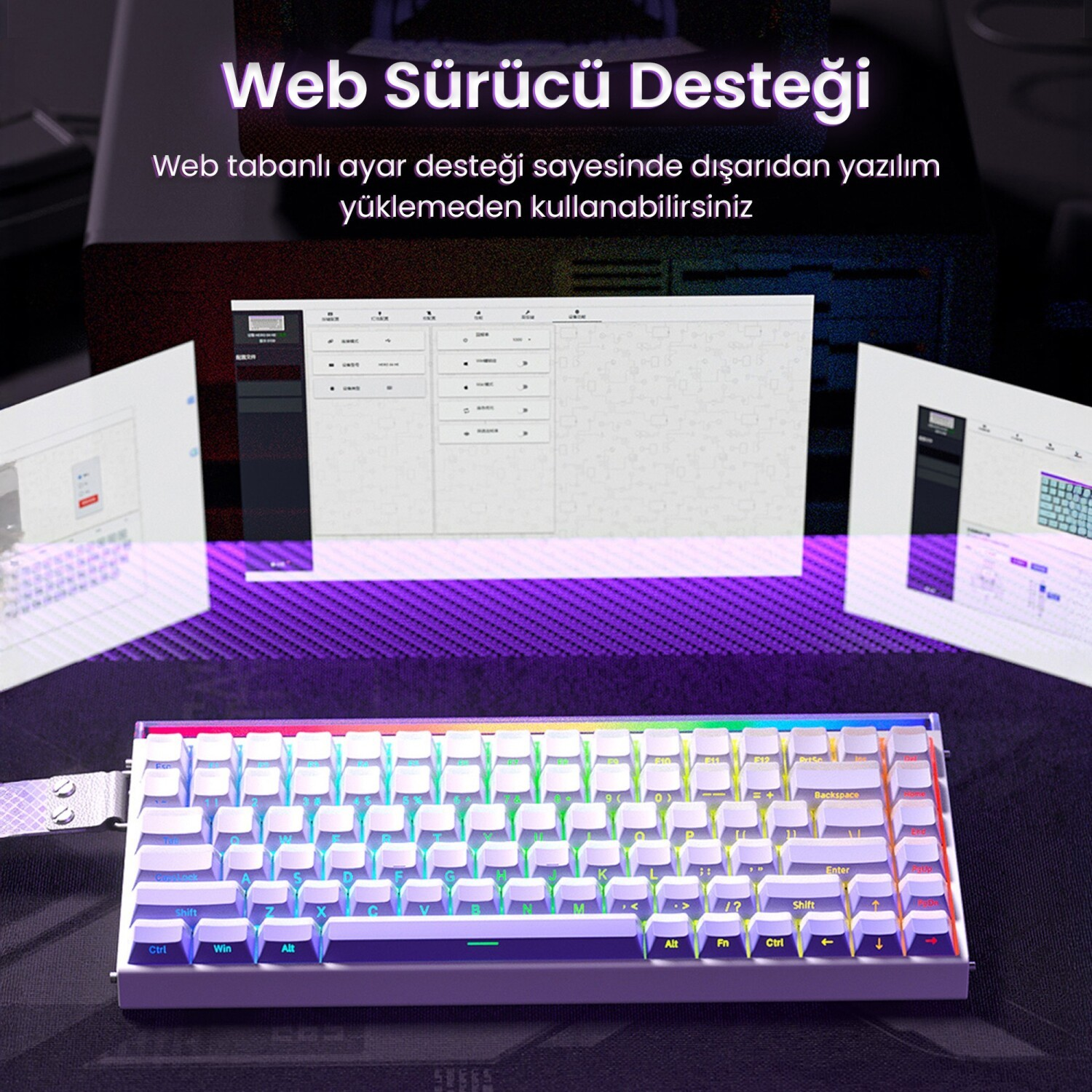 RGB aydınlatmalı ve web sürücüsü desteğine sahip beyaz mekanik klavye.