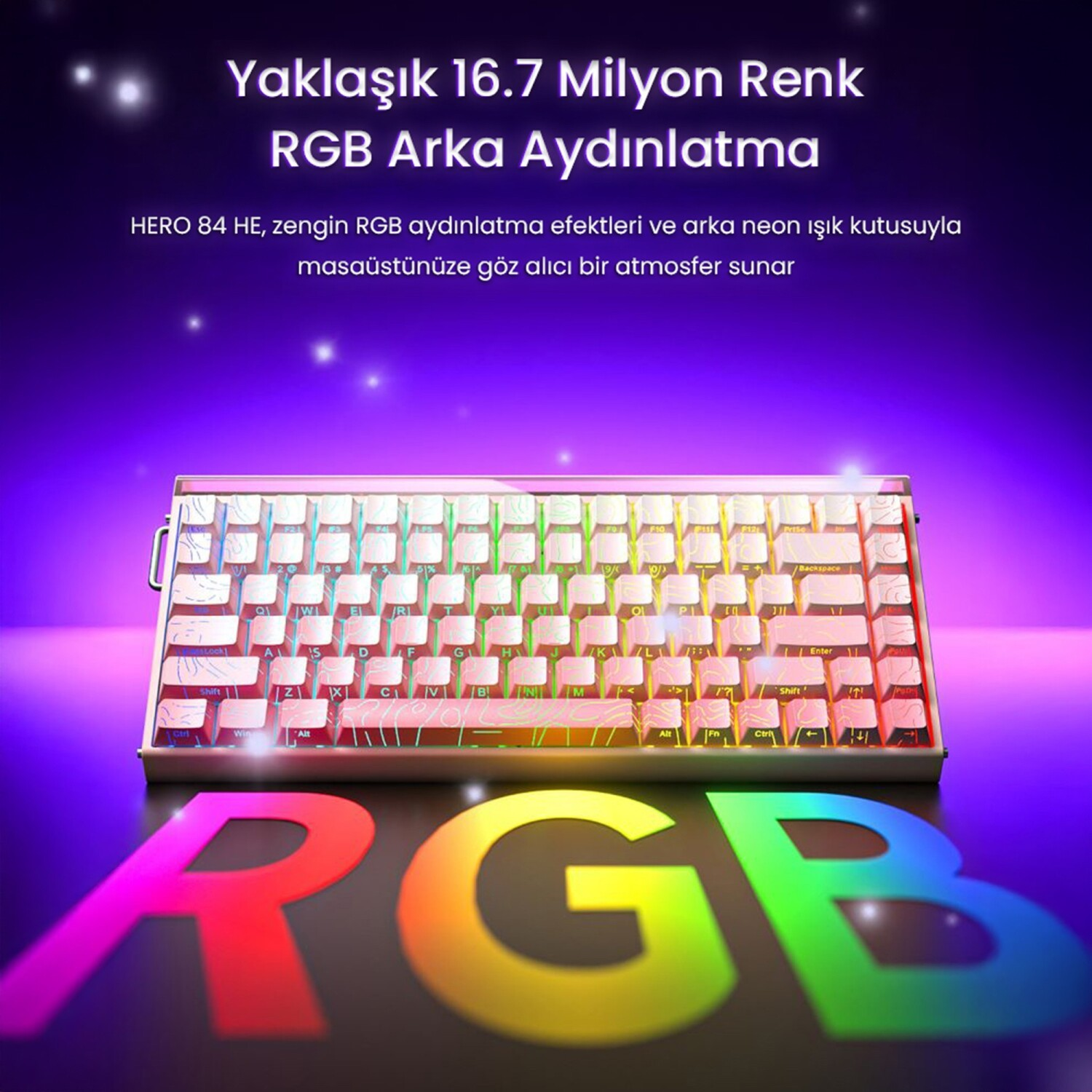 Pembe ve beyaz mekanik klavye, koyu mavi arka plan üzerinde canlı RGB aydınlatmayla parlıyor.