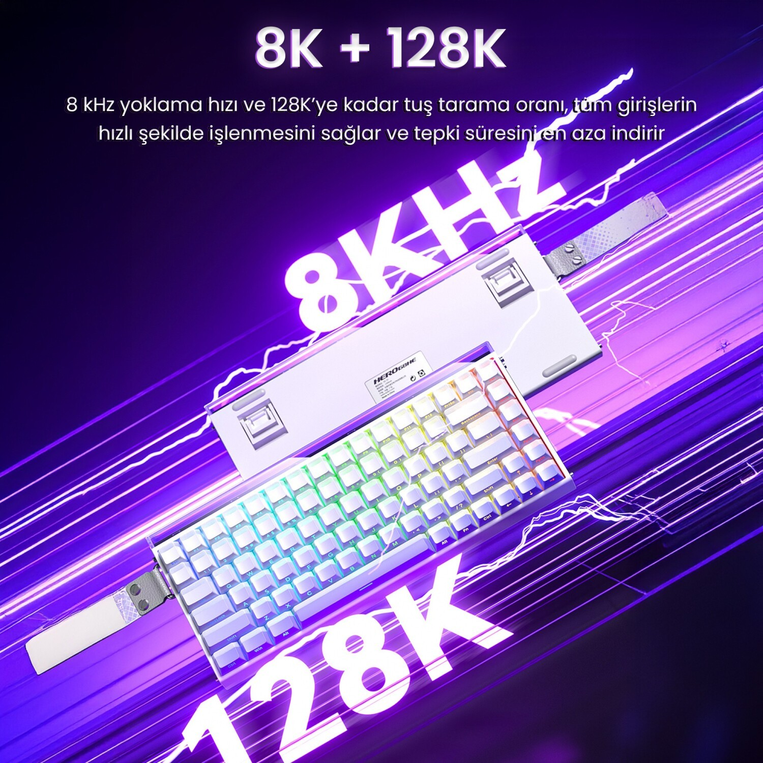 Mor arka plan üzerinde RGB aydınlatmalı ve 8K Hz ile 128K yazılı beyaz oyuncu klavyesi.