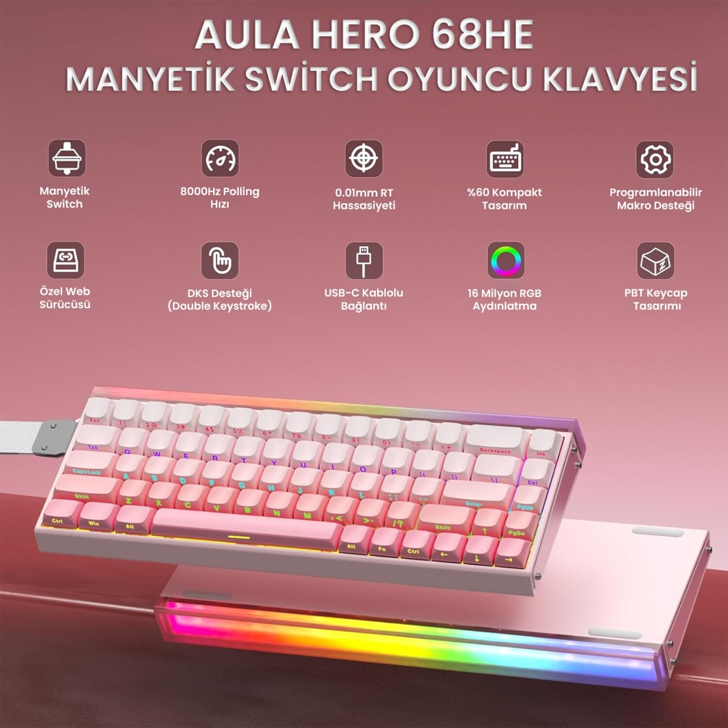 Pembe arka planda RGB aydınlatmalı ve simgeli pembe-beyaz mekanik klavye.