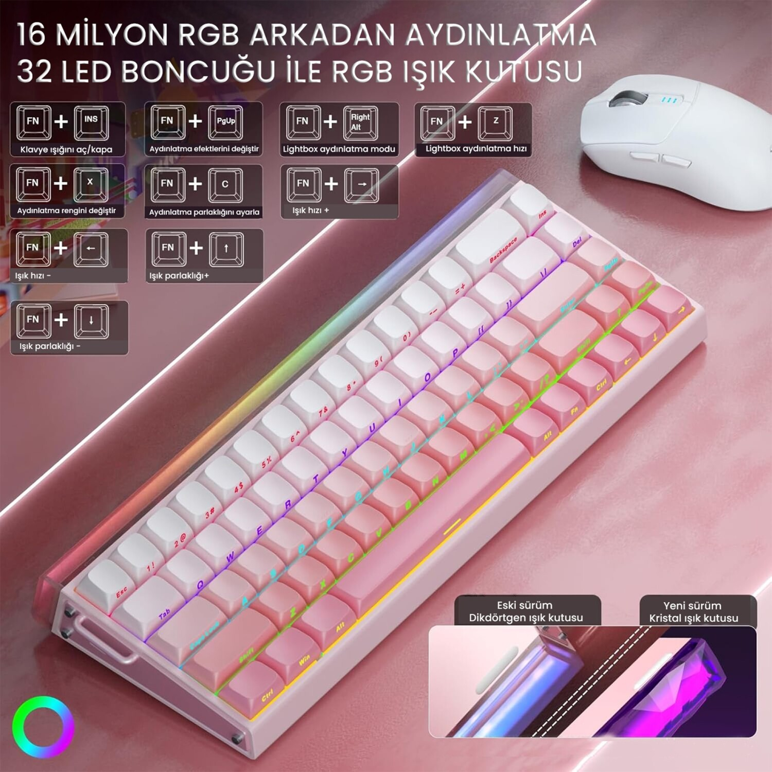 Parlak pembe zemin üzerinde RGB aydınlatmalı pembe-beyaz mekanik klavye ve beyaz fare.
