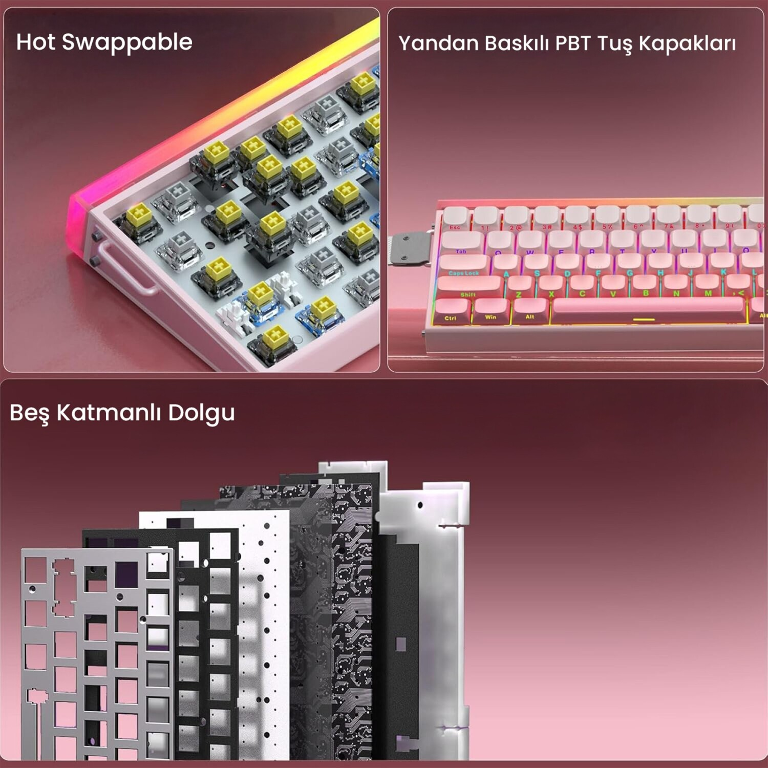 Sarı anahtarlı, pembe tuş kapaklı ve çok katmanlı yapıya sahip mekanik klavye.