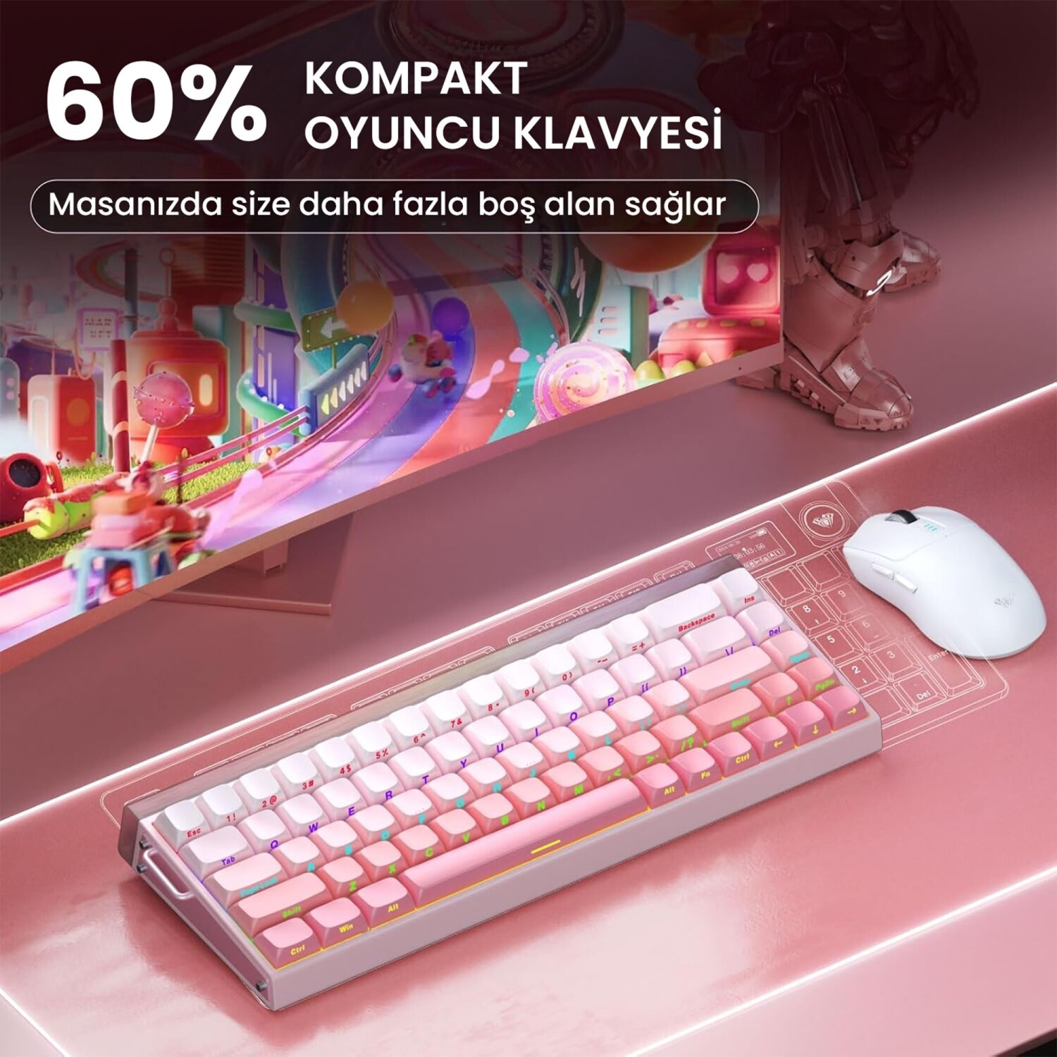 Monitörün önündeki masada kompakt pembe bir klavye ve beyaz bir fare.