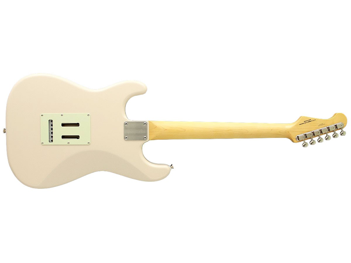 Beyaz arka planda açık ahşap saplı ve krom akort burgularına sahip beyaz bir elektro gitarın arka görünümü.