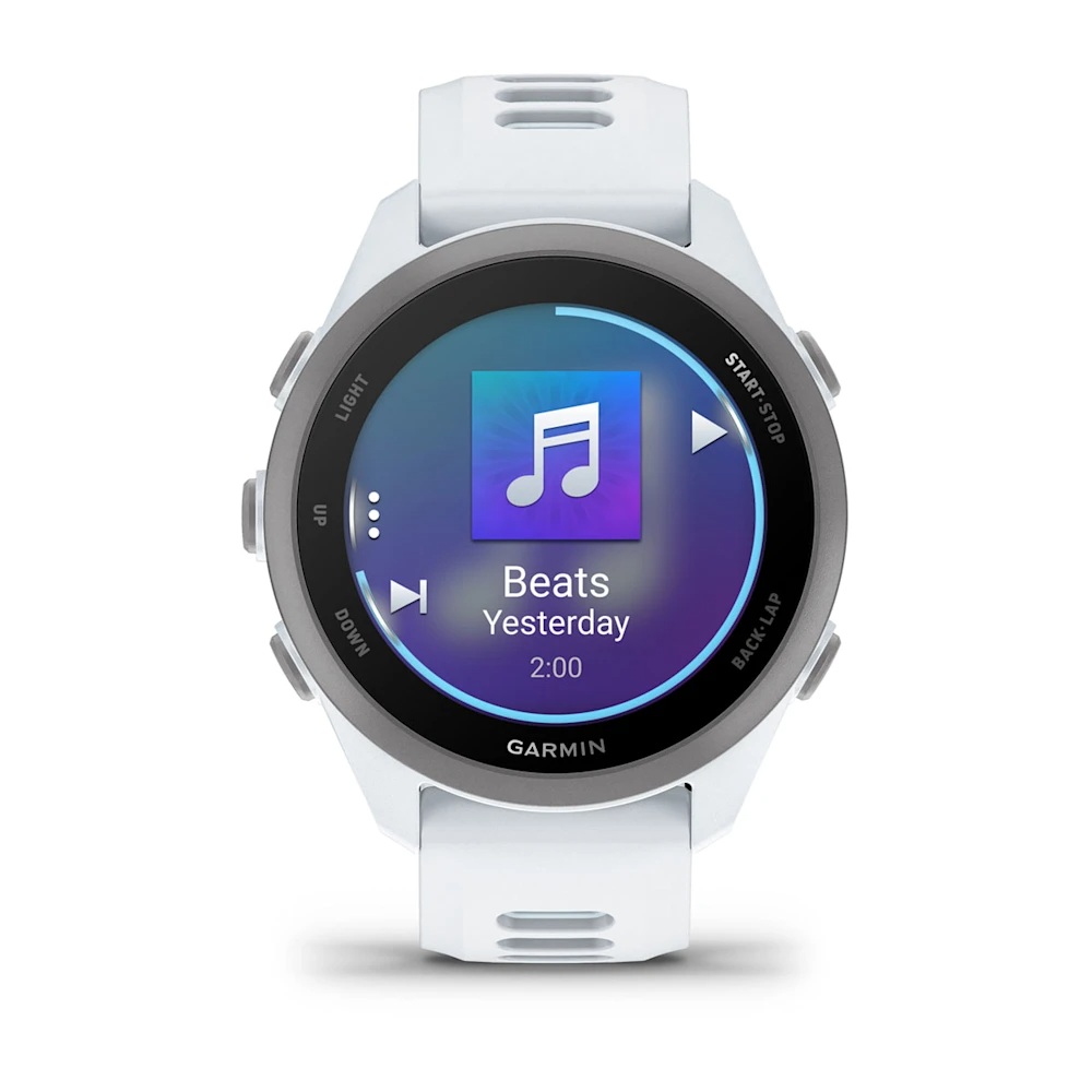 Ekranında müzik çalar gösteren beyaz bir Garmin spor saati.