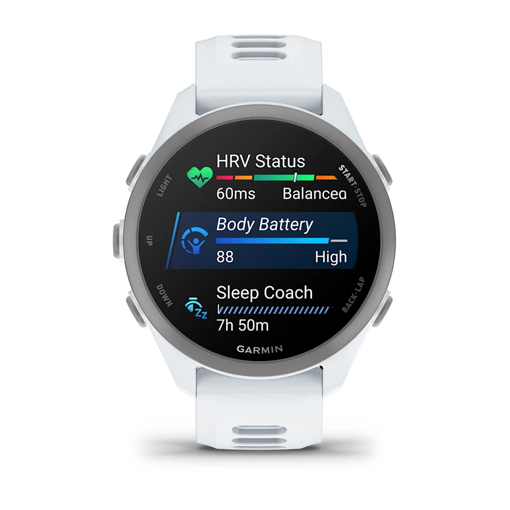 Beyaz bir Garmin akıllı saat, yuvarlak ekranında HRV durumu, Body Battery ve Sleep Coach gösteriyor.