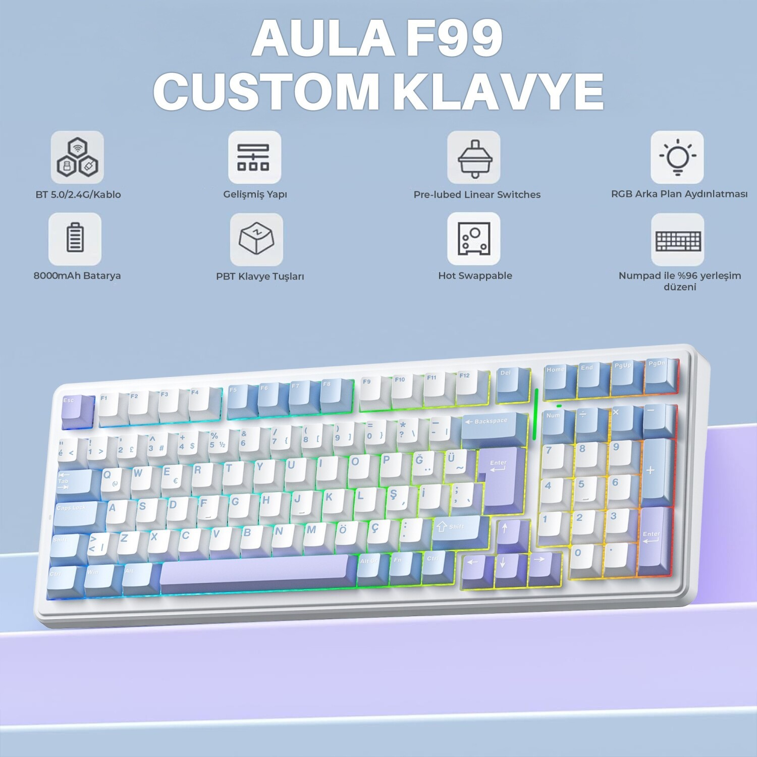 Mavi ve beyaz tuş kapaklarına sahip AULA F99 mekanik klavye, üstte mavi arka planda özellik simgeleri var.