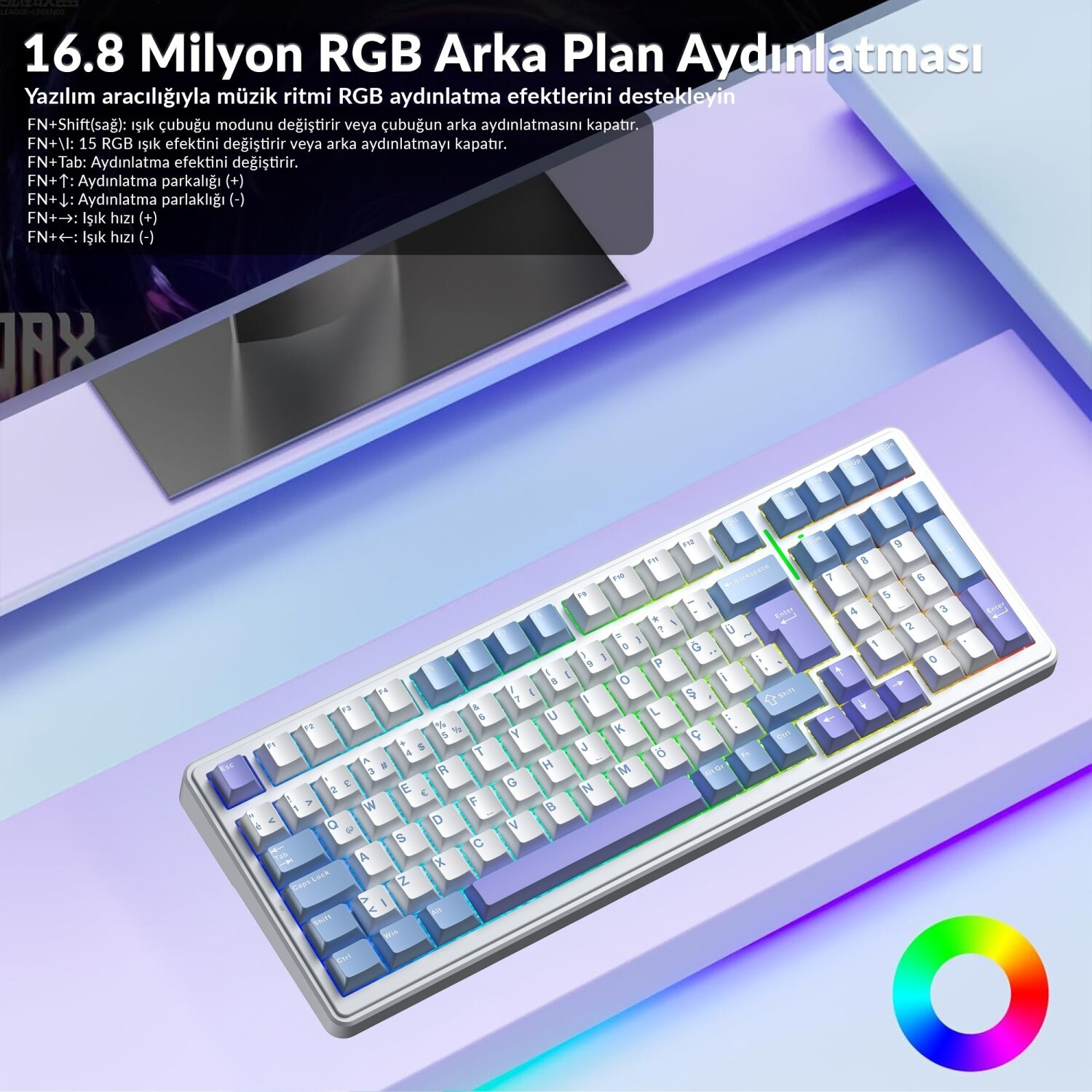 Açık renkli bir masada RGB aydınlatmalı beyaz ve mavi mekanik klavye.