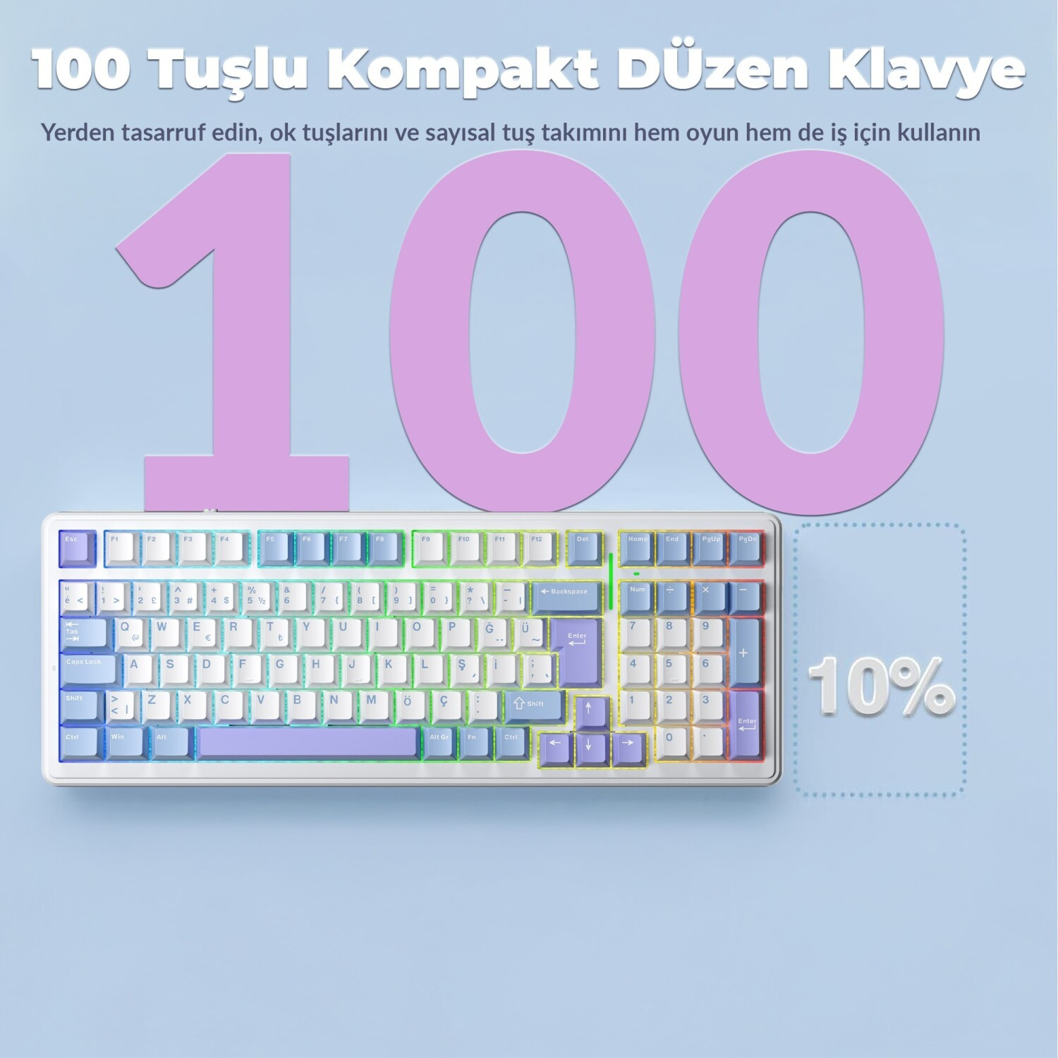 Büyük pembe rakamların olduğu mavi bir arka plan önünde beyaz ve mor renkli 100 tuşlu kompakt klavye.