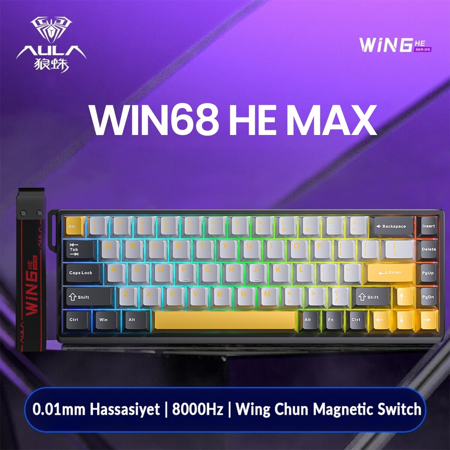 Mor arka plan üzerinde WIN68 HE MAX yazılı renkli, kompakt bir oyuncu klavyesi.