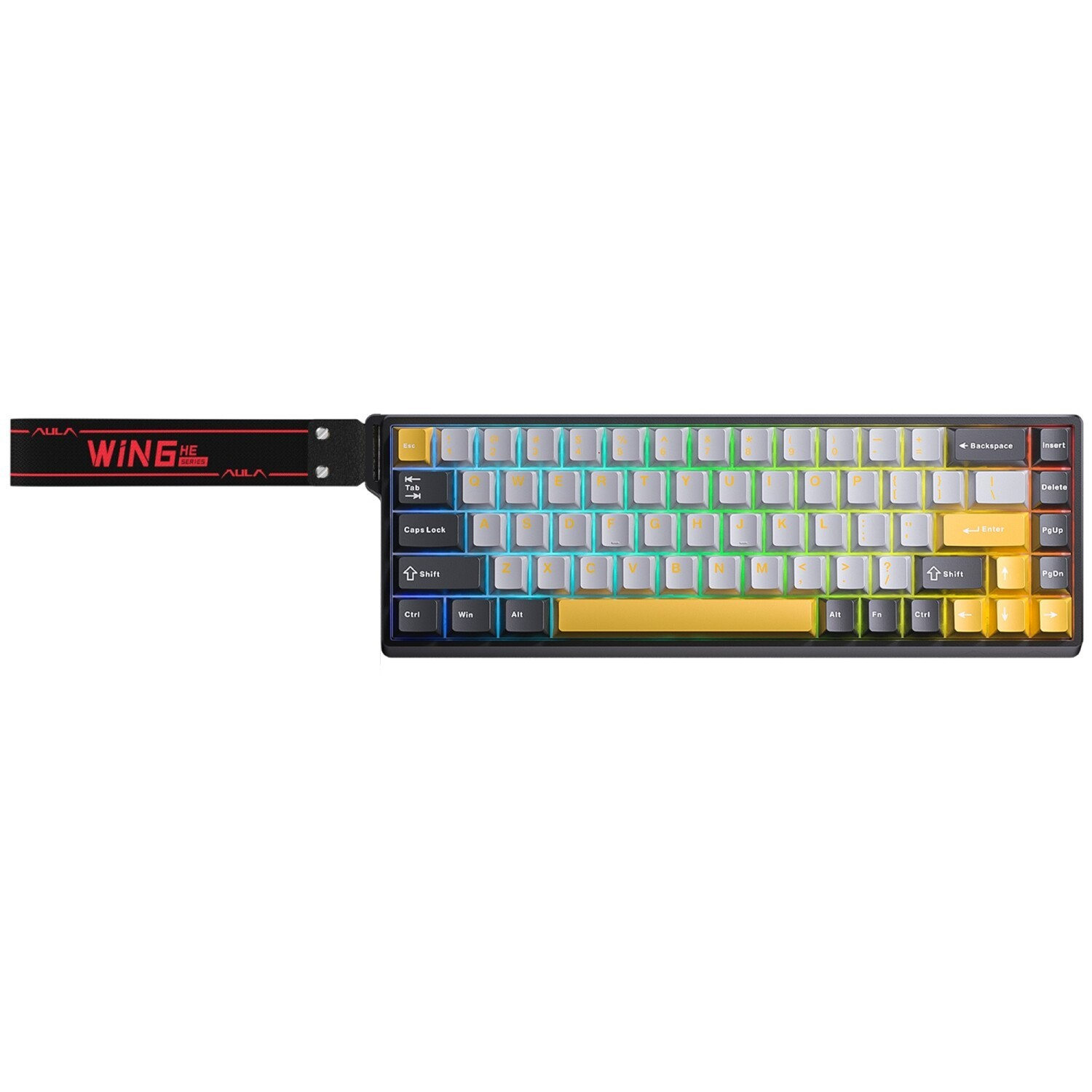 Renkli RGB arka aydınlatmalı, gümüş tuşlu ve 'WING' yazılı siyah kayışlı kompakt mekanik klavye.