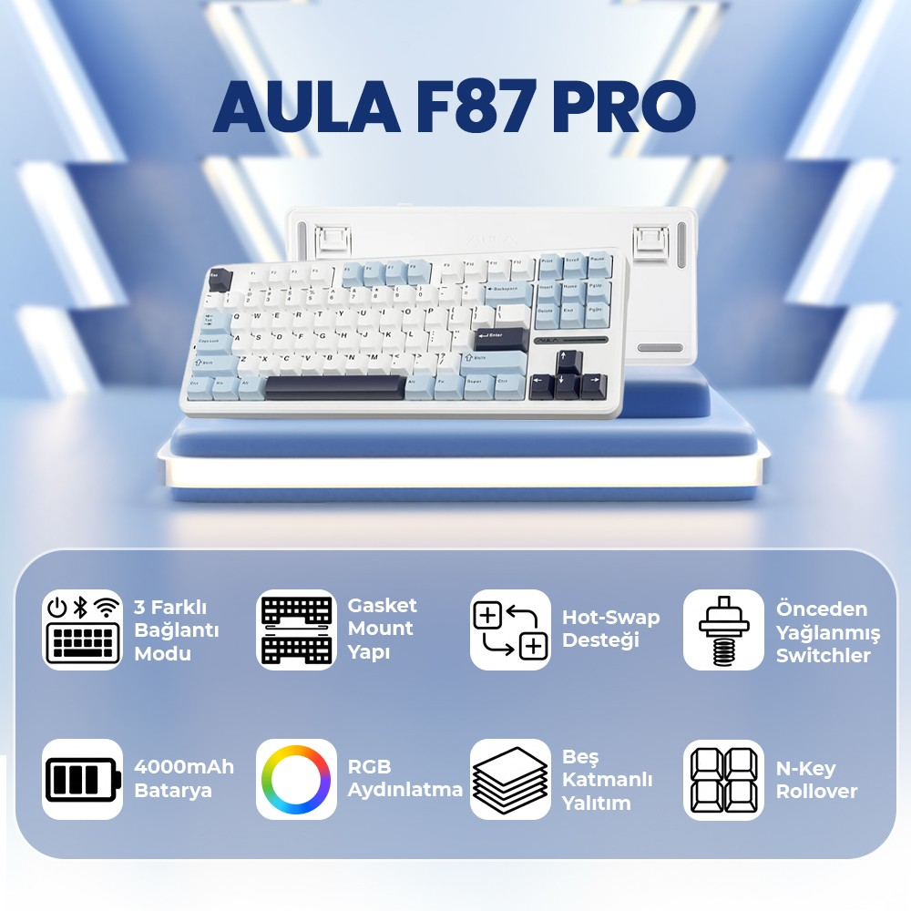 Mavi arka planda ürün özellikleriyle mavi ve beyaz AULA F87 Pro klavye.