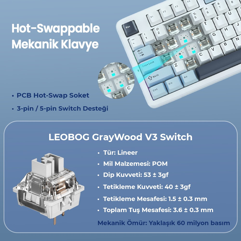 LEOBOG GrayWood V3 switch özellikli ve beyaz klavye görselli Hot-Swappable mekanik klavye reklam afişi.