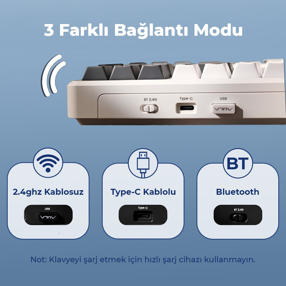 Mavi arka planda 2.4GHz, Type-C ve Bluetooth olmak üzere üç farklı bağlantı moduna sahip klavye.