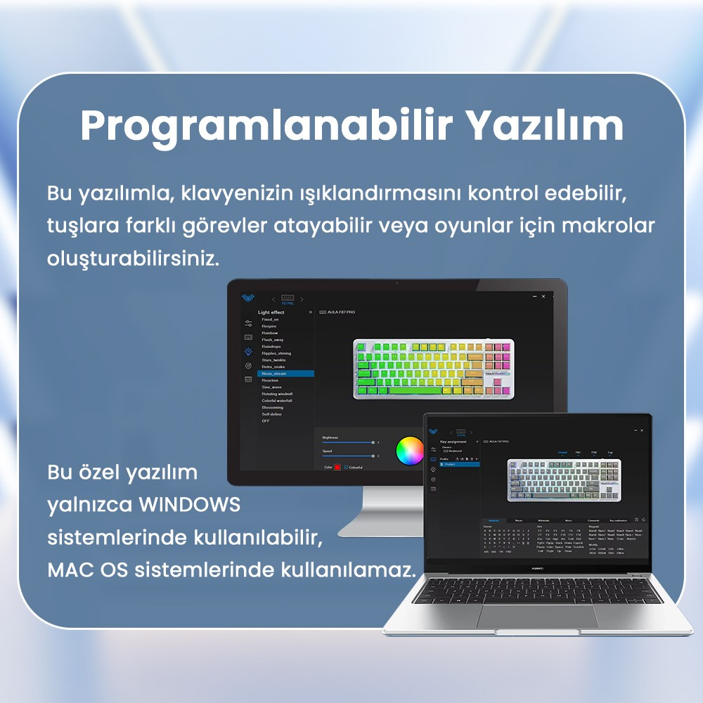 Mavi arkaplanlı bilgisayar ve dizüstü ekranında programlanabilir klavye yazılımı.