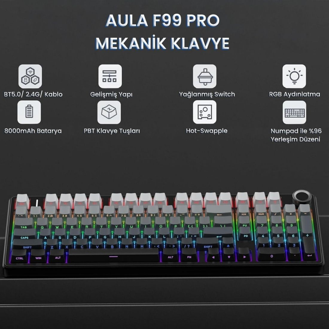 RGB aydınlatmalı, özellikli ve teknik detaylı AULA F99 Pro mekanik klavye.