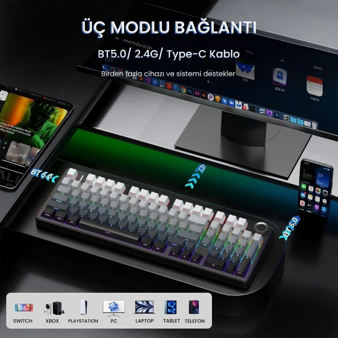 Masada monitör, tablet ve telefona bağlı RGB aydınlatmalı oyuncu klavyesi.