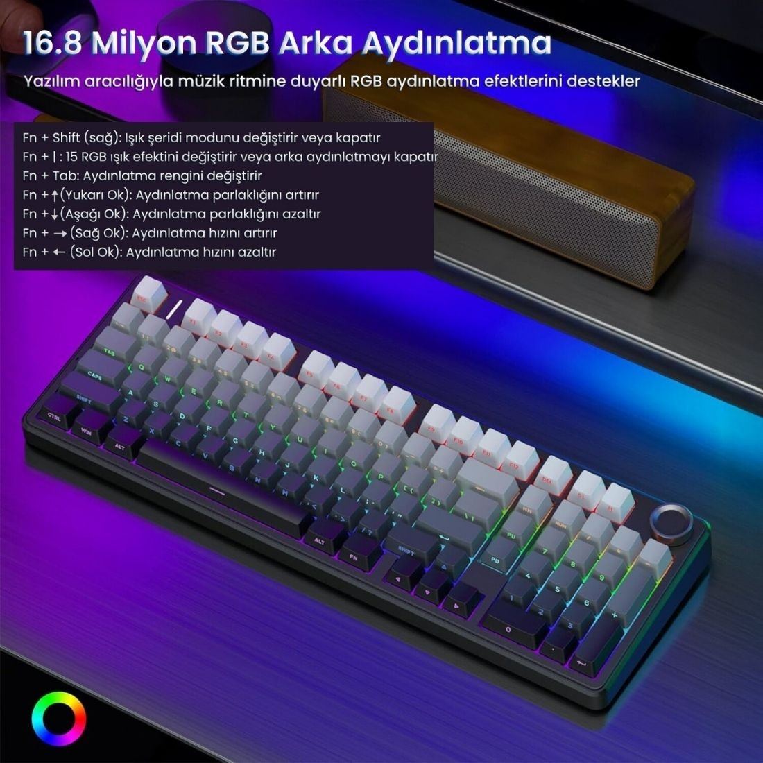 RGB aydınlatmalı ve kısayol tuşlarını gösteren metin kaplamalı mekanik klavye.