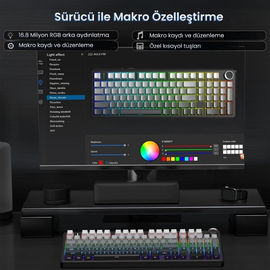 Bir monitör, aşağıdaki renkli aydınlatmalı klavye için yazılım özelleştirmesini gösterir.