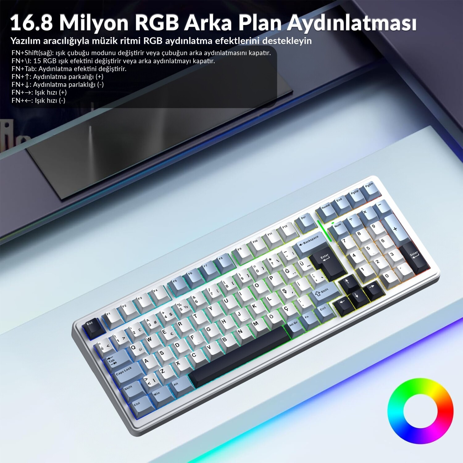 Mavi yüzey üzerinde RGB arka aydınlatmalı ve Türkçe Q düzenine sahip beyaz mekanik klavye.