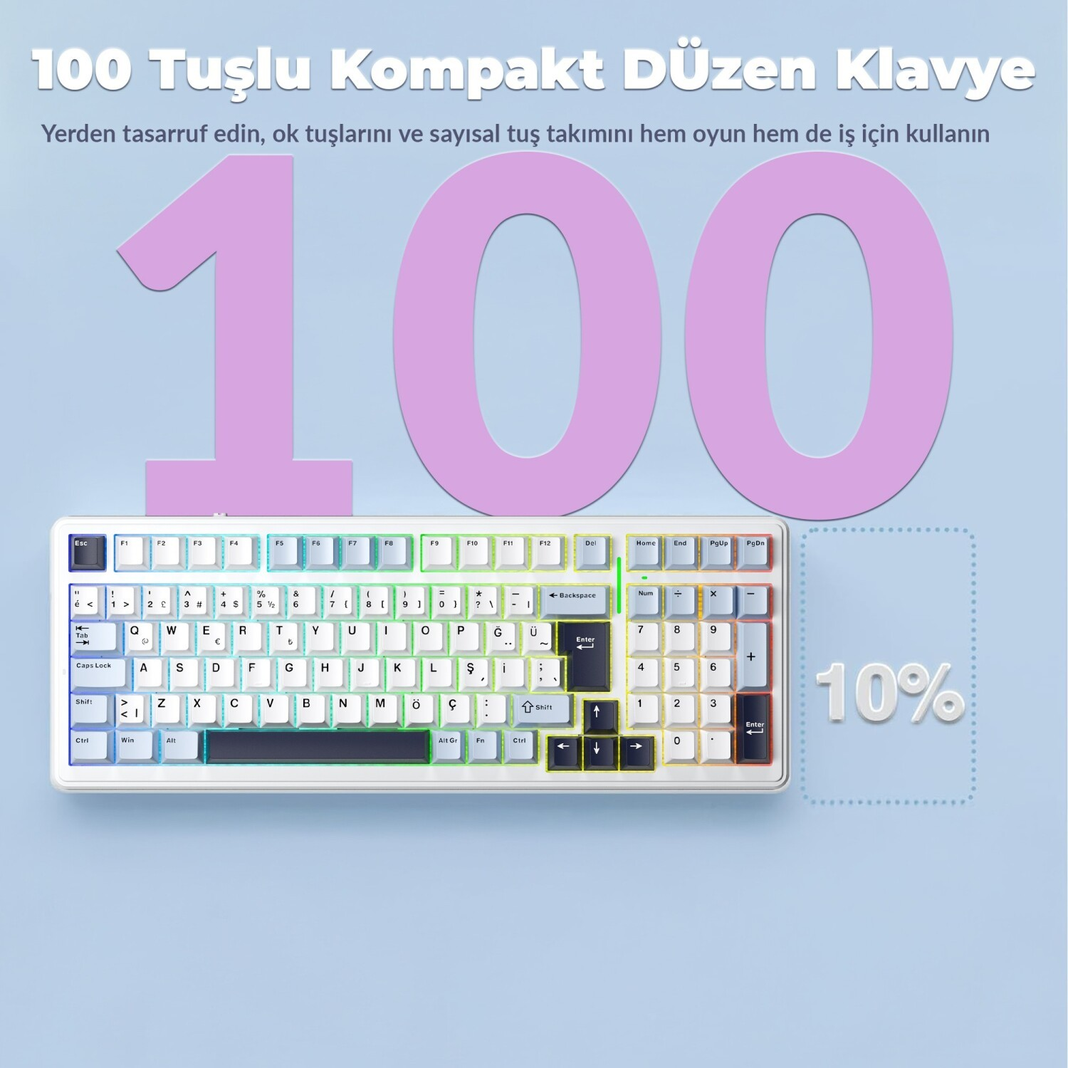 Açık mavi arka planda RGB aydınlatmalı ve mavi detaylı 100 tuşlu beyaz kompakt klavye.