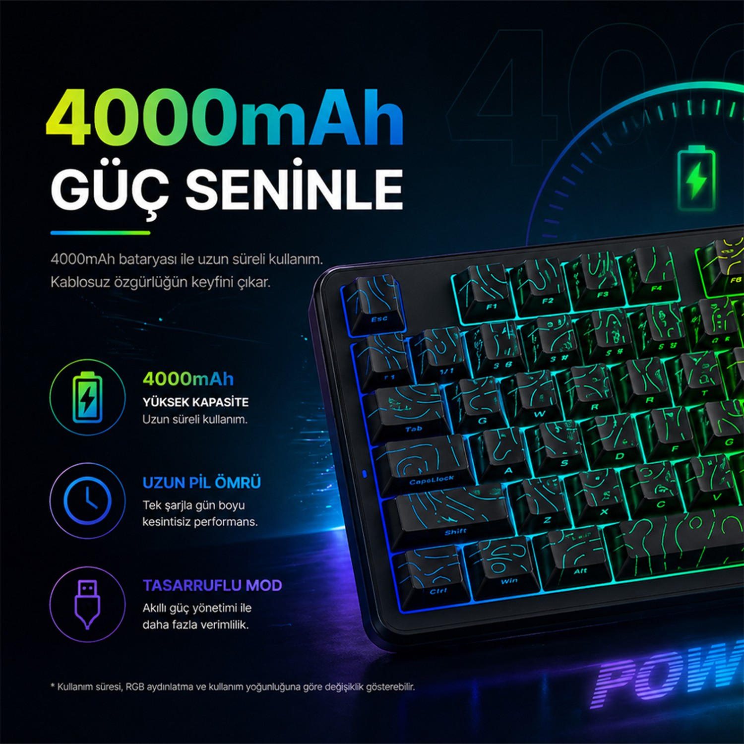Mavi ve yeşil RGB aydınlatmalı oyuncu klavyesi ve 4000mAh pil hakkında metin.