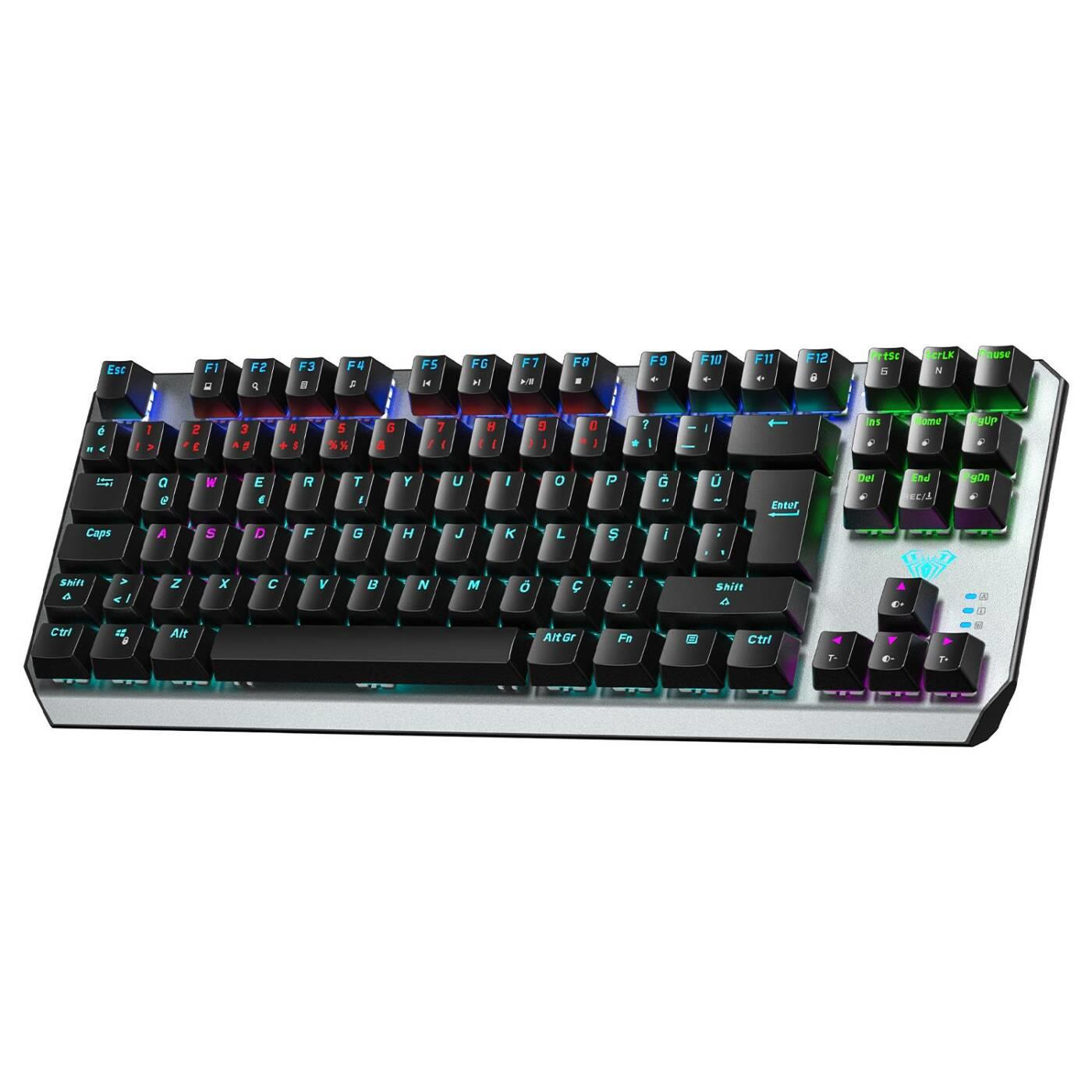 RGB arka aydınlatmalı ve gümüş tabanlı mekanik bir klavye.