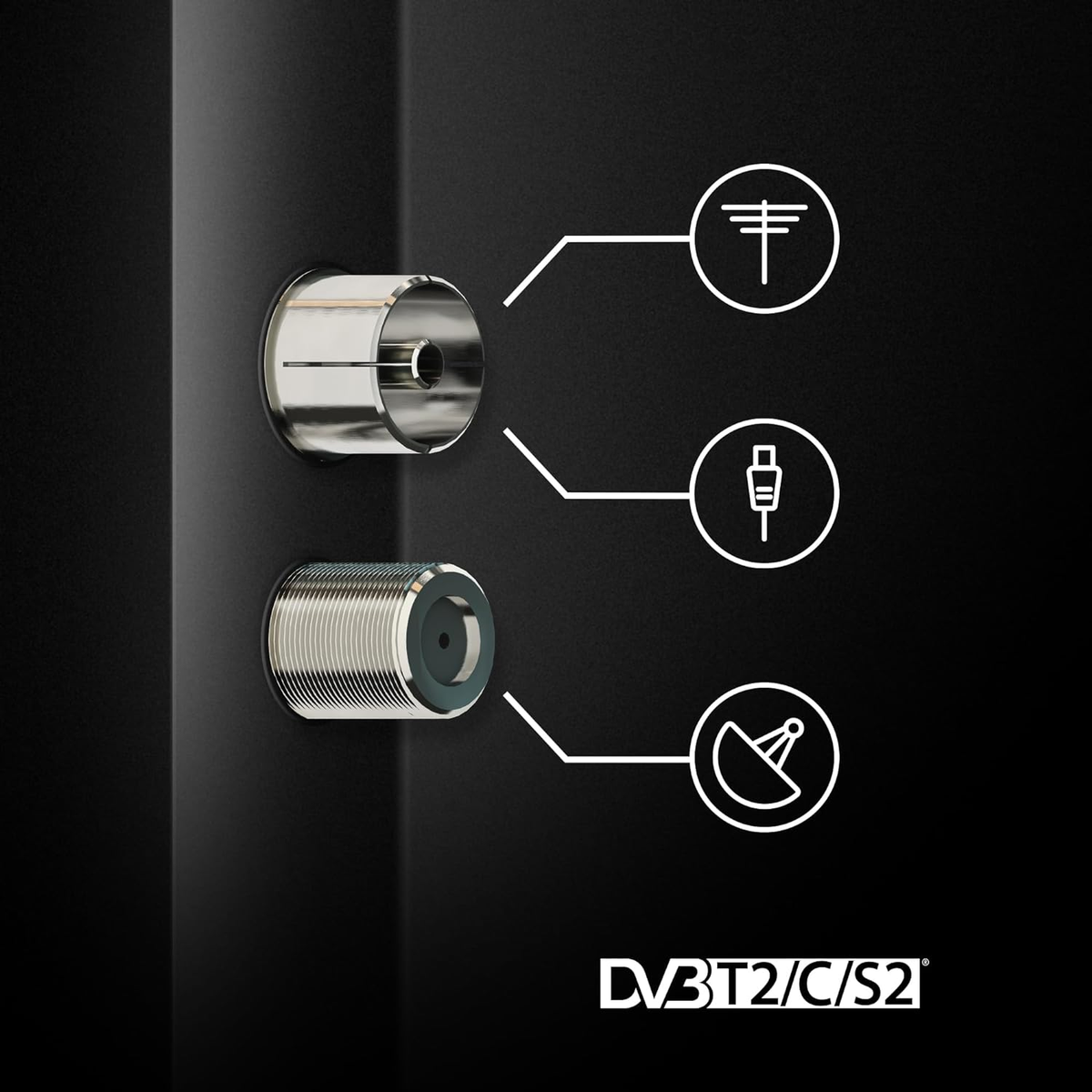 Dos puertos de TV en fondo negro con iconos de antena, cable y satélite, y texto DVB-T2/C/S2.