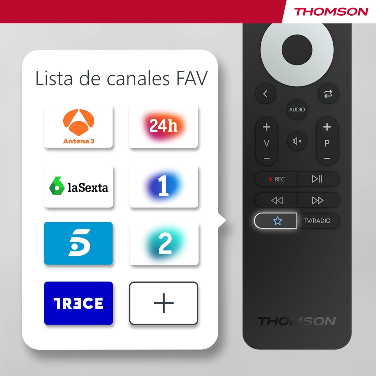 Control remoto Thomson mostrando la lista de canales favoritos en pantalla.