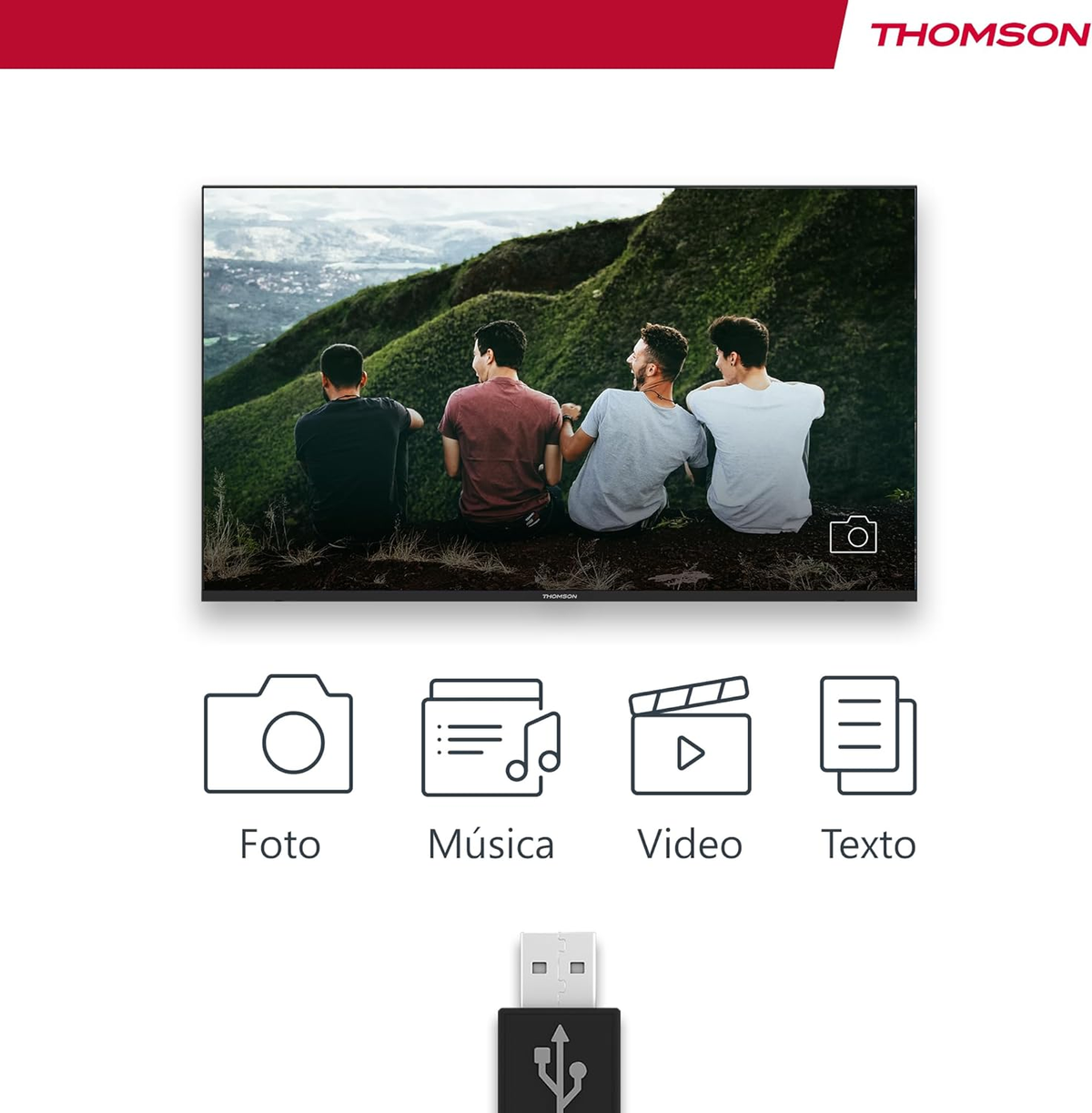 Pantalla Thomson con cuatro amigos, iconos multimedia de foto, música, video, texto y un USB.