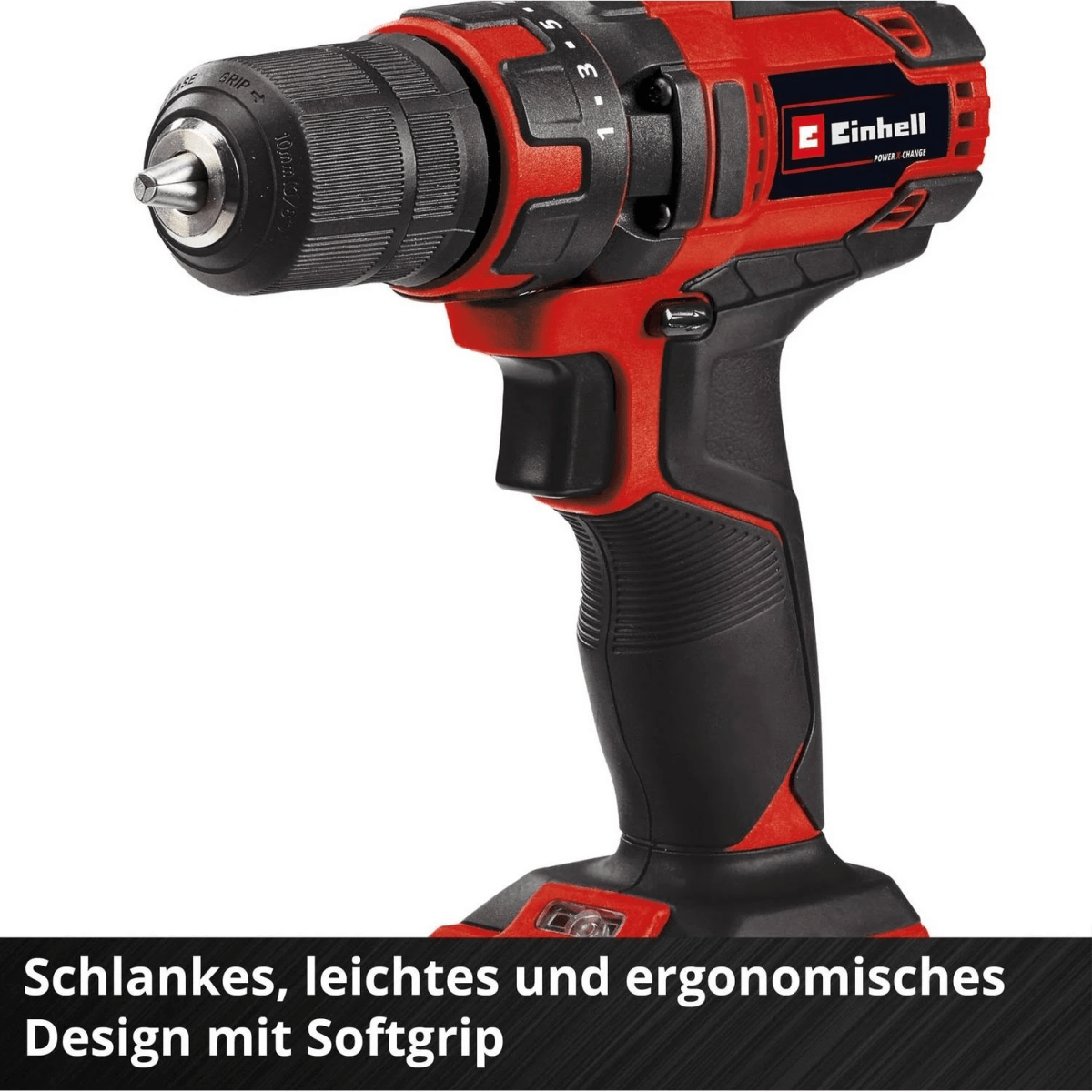 Un taladro inalámbrico Einhell rojo y negro con mango ergonómico softgrip sobre fondo blanco.