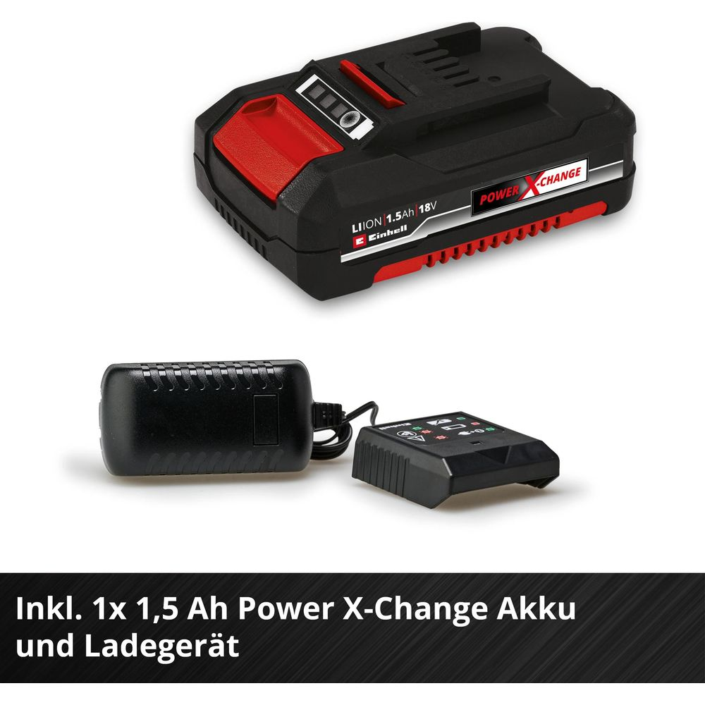 Una batería de iones de litio Einhell 18V 1.5Ah con un cargador compatible sobre fondo blanco.