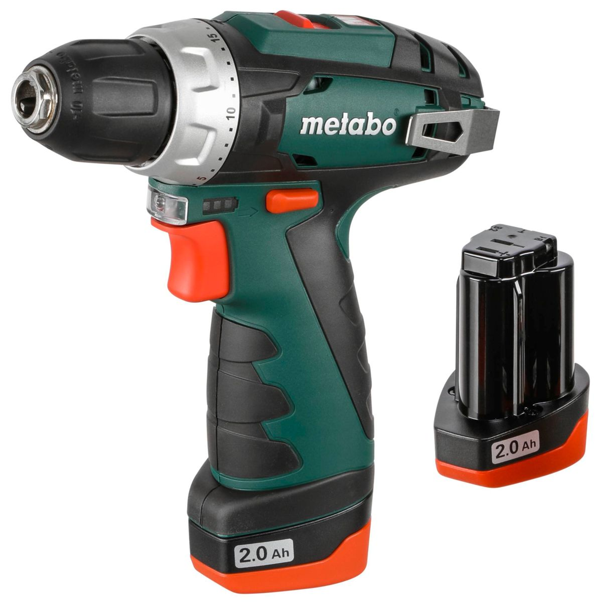 Taladro inalámbrico Metabo verde y negro con batería adicional.