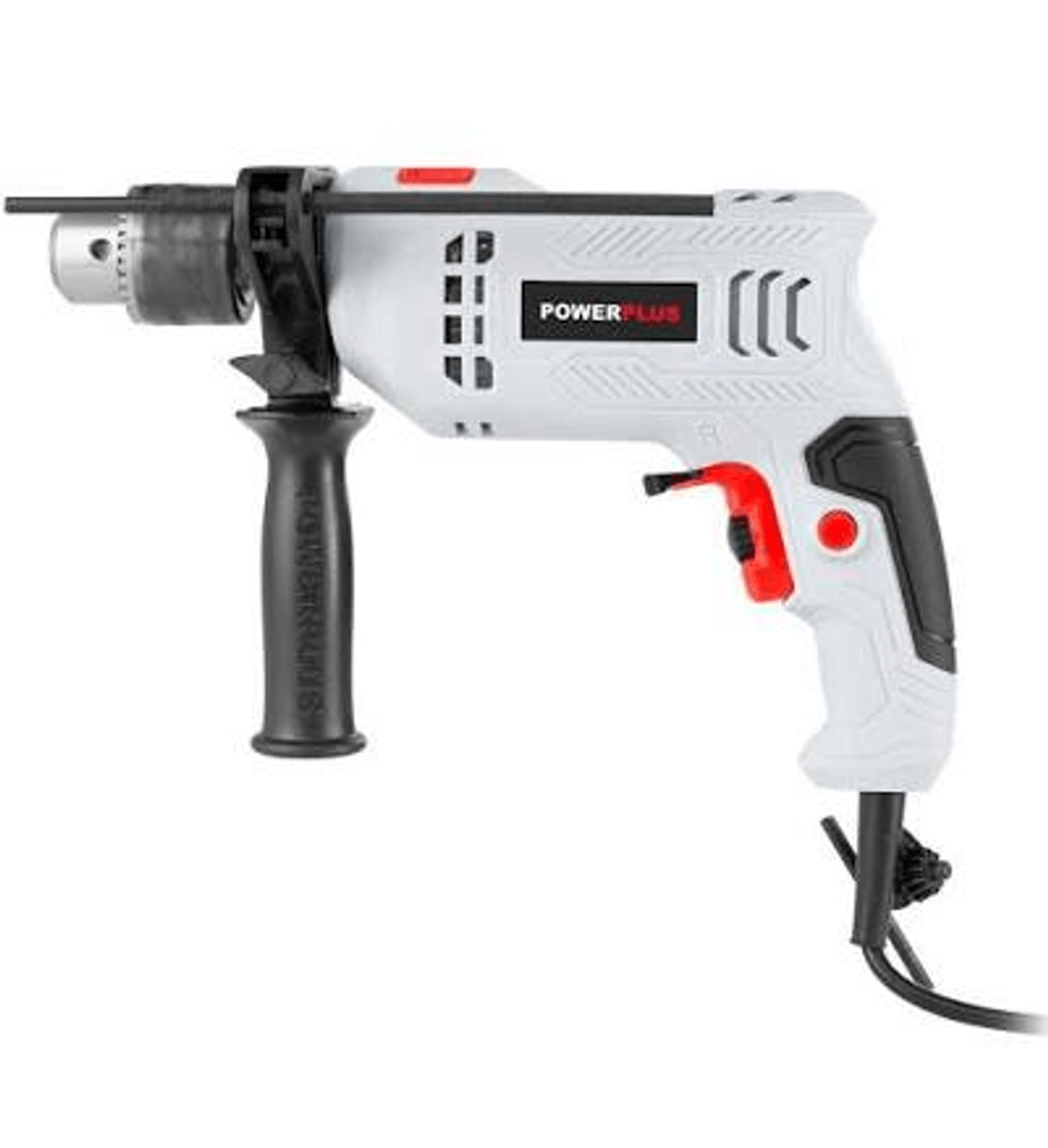 Un taladro percutor Powerplus blanco y negro con gatillo rojo sobre fondo blanco.