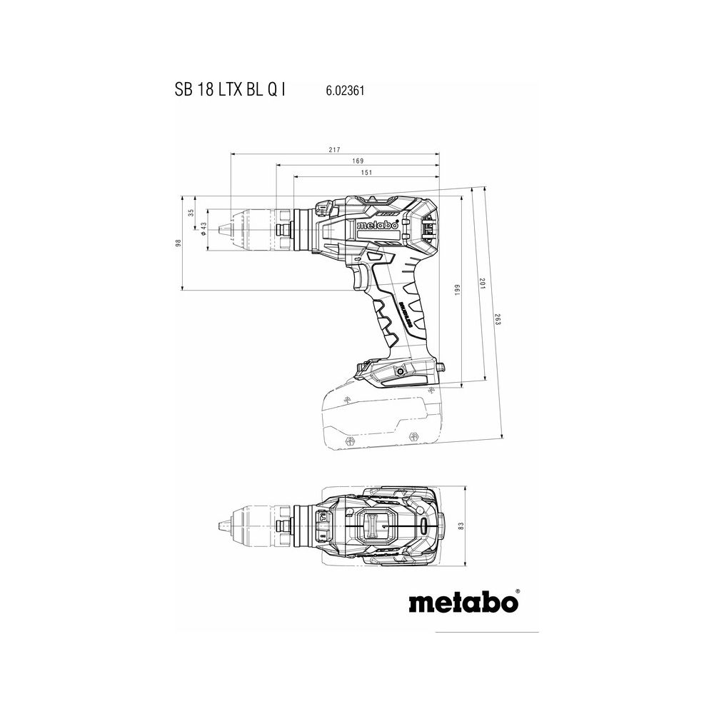 Dibujo técnico de un taladro inalámbrico Metabo con especificaciones de dimensiones.