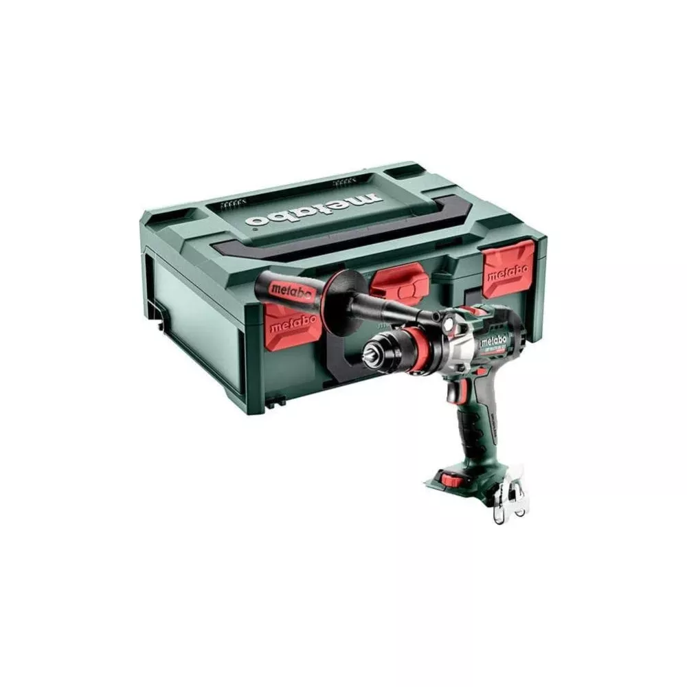 Un taladro inalámbríco Metabo verde frente a una caja de herramientas verde y roja a juego.