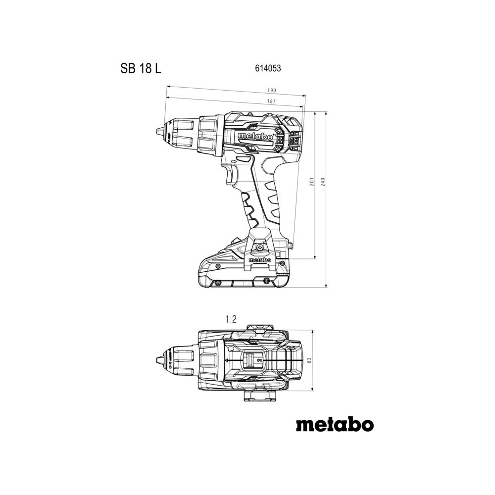 Disegno tecnico di un trapano a batteria Metabo con quote dimensionali.