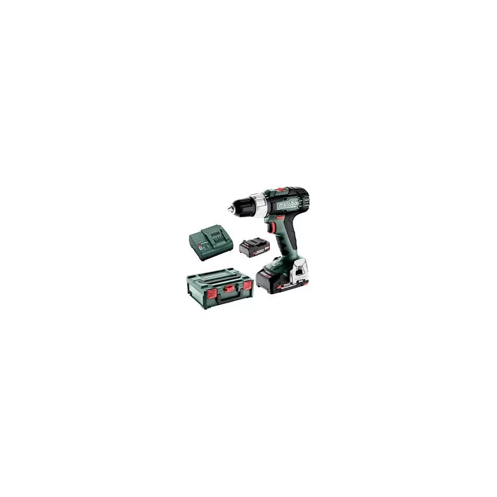 Trapano a batteria Metabo verde con caricabatterie, batteria e valigetta su sfondo bianco.