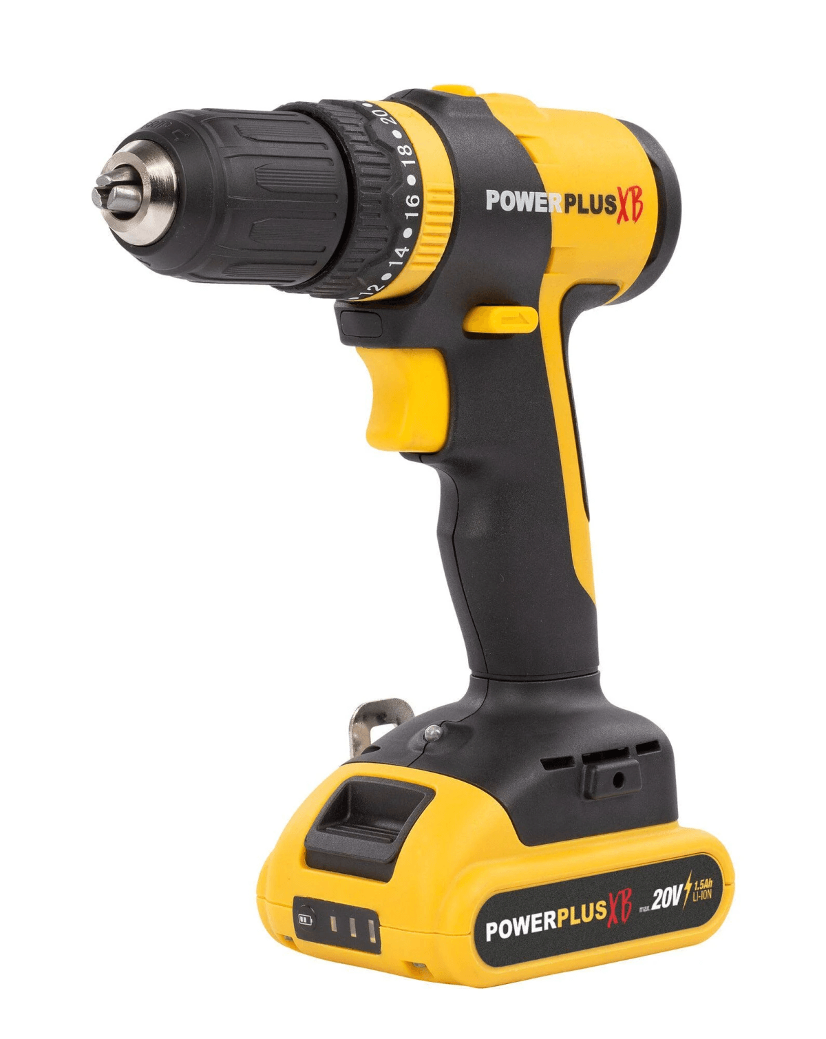 Taladro inalámbrico Powerplus 20V amarillo y negro con portabrocas sobre fondo blanco.