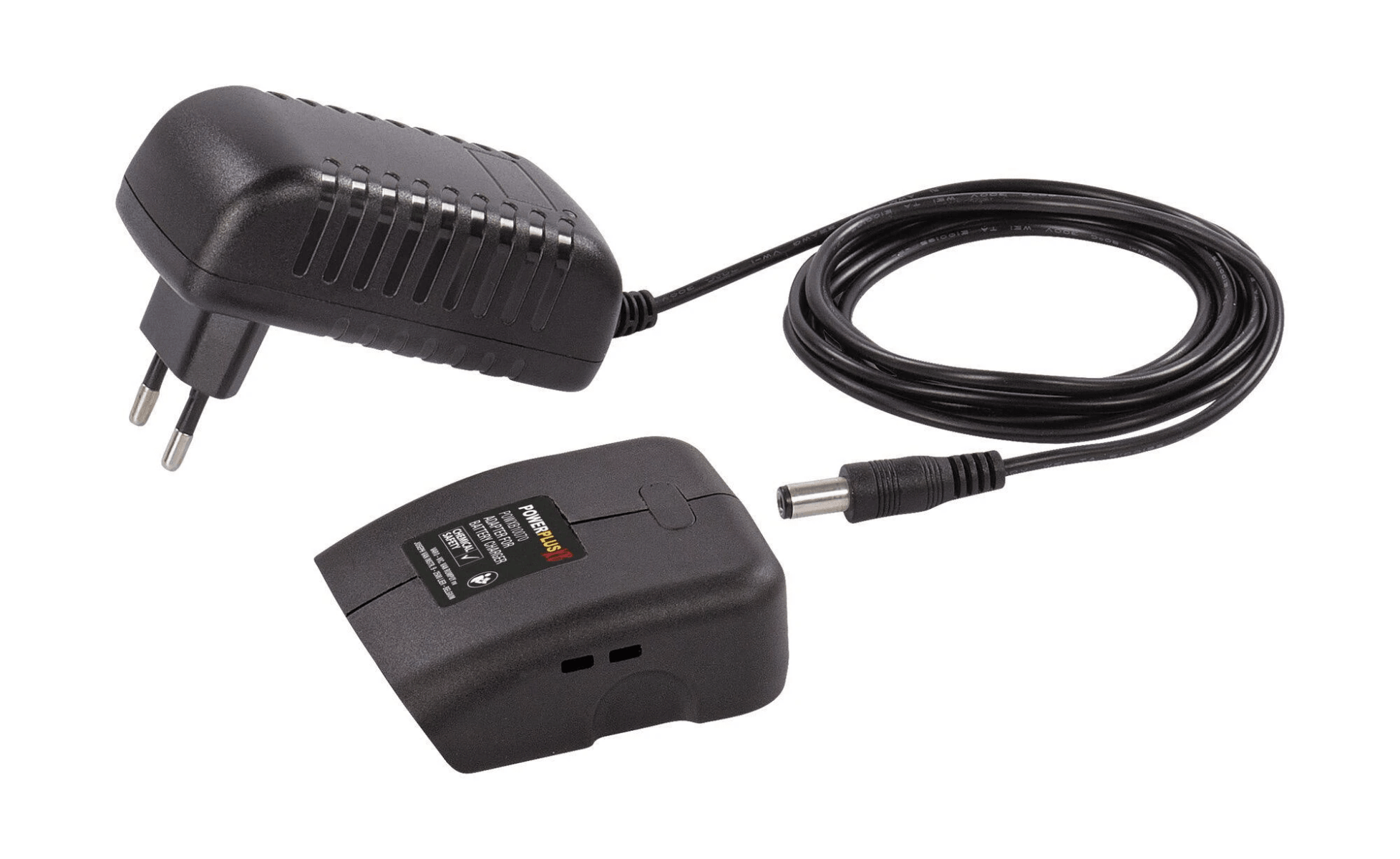 Un adaptador de corriente negro con enchufe, cable conectado y una base de carga negra.