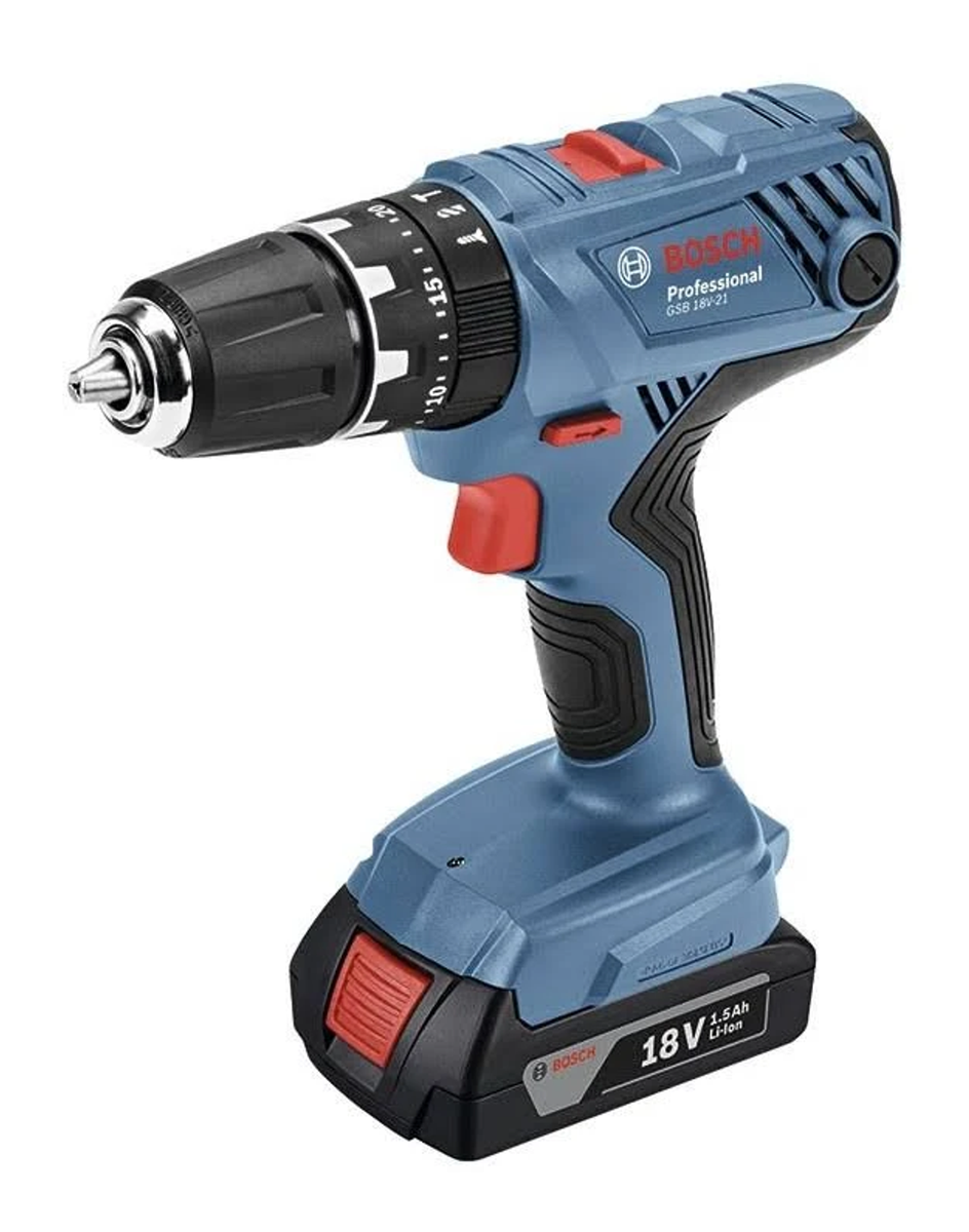 Un taladro percutor inalámbrico Bosch azul y negro con batería de 18V sobre fondo blanco.