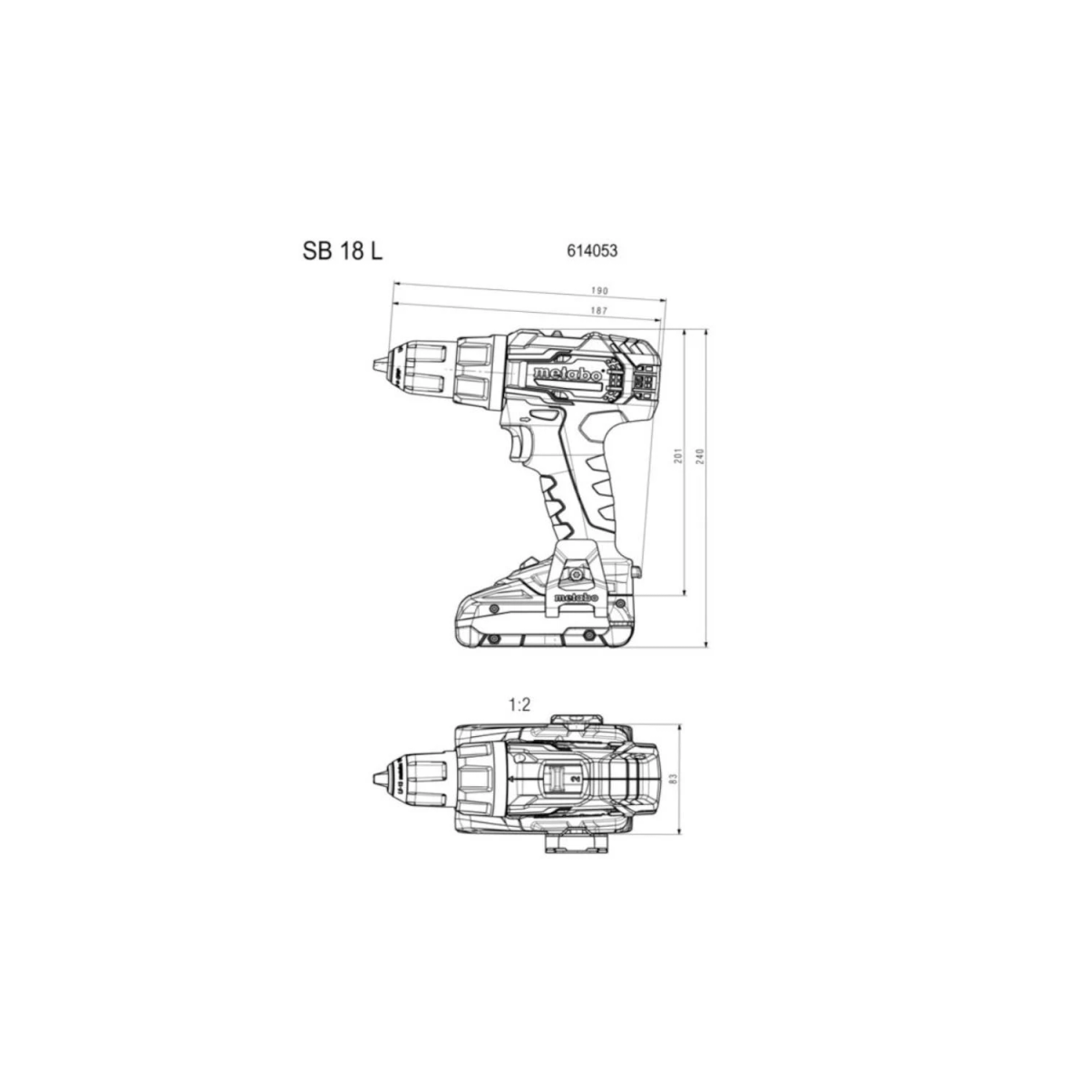 Dibujo técnico de un taladro inalámbrico Metabo SB 18 L con medidas en milímetros.