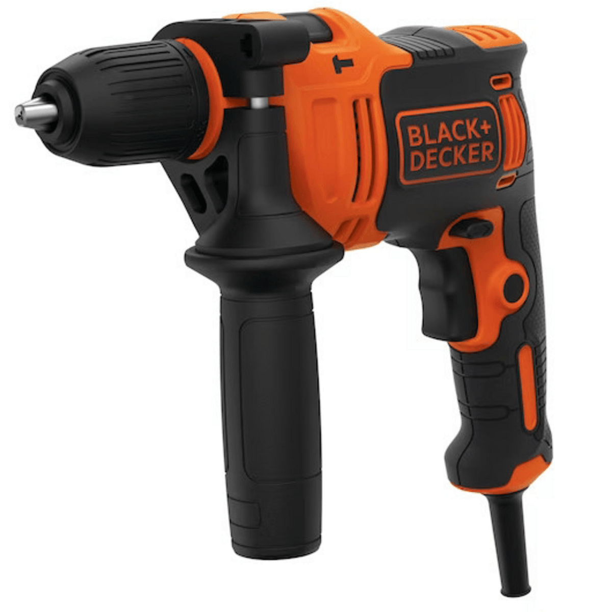 Un taladro percutor Black+Decker naranja y negro con mango lateral sobre fondo blanco.